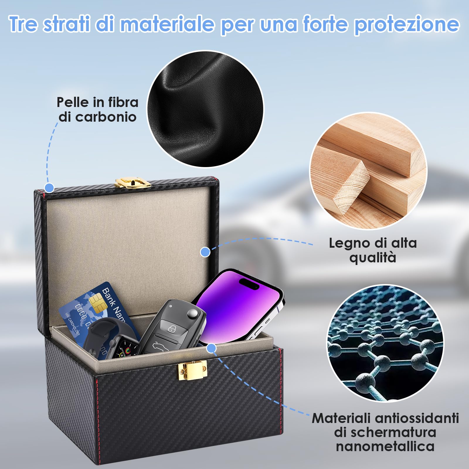 Chiave auto Faraday Box, Keyless Go, scatola per chiavi auto, blocco RFID per protezione sicura, carte di credito e chiavi dell'auto, 16 x 12 x 9,5 cm (grande)