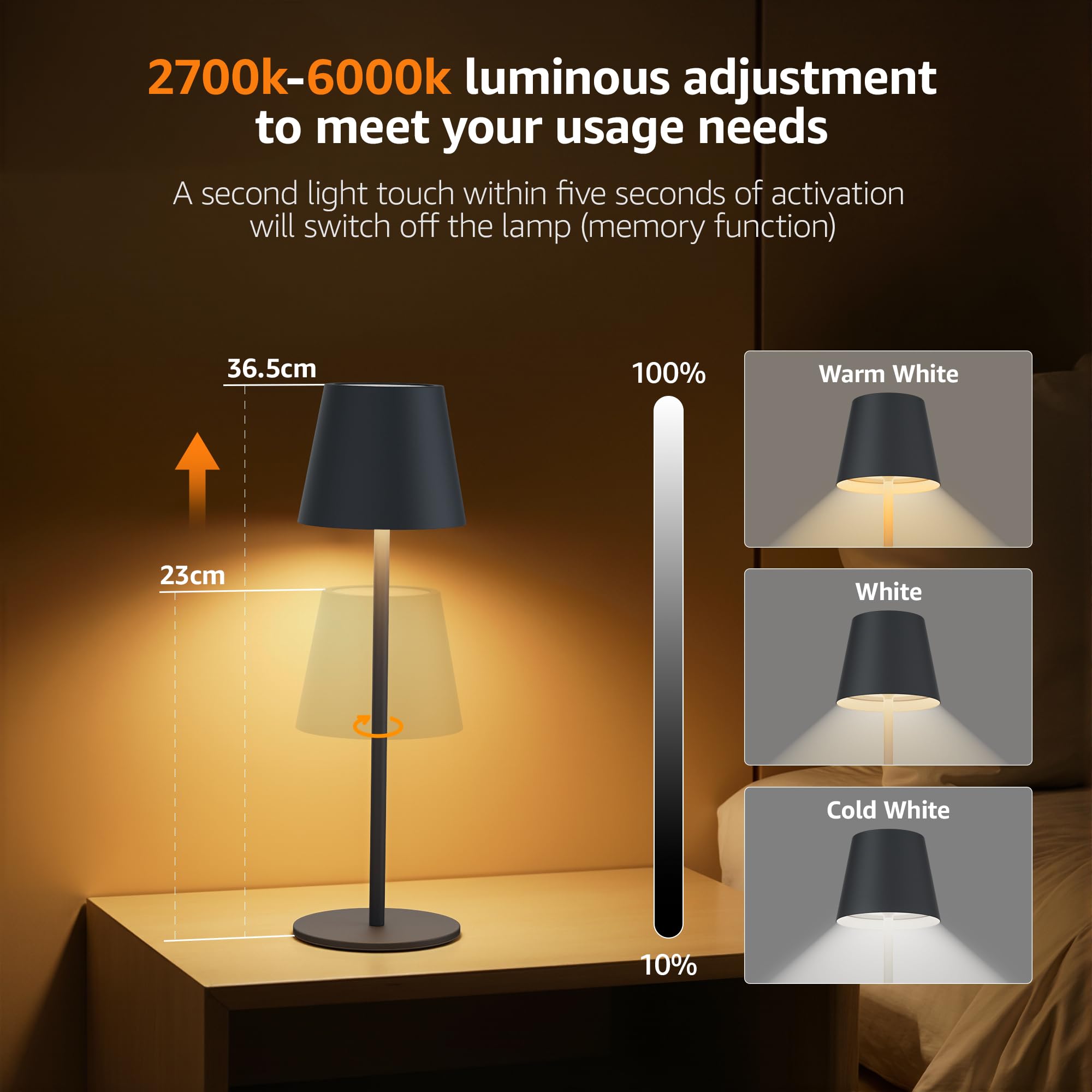 Aipsun Lampada da tavolo LED senza fili con touch Antracite 23/36,5cm, ricaricabile 5000mAh (5V 2A), 3W 2700/4000/6000K dimmerabile, Ferro, IP44 Interno/Esterno per camera da letto, ufficio (2 pezzi)