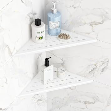 Qeke Corner Shower Shelves, 12 Recessed Tile Shower Shelf, 304 Stainless Steel Grout in Corner Tile Shower Shelves, No Drilling, Matte White, 2 Pack