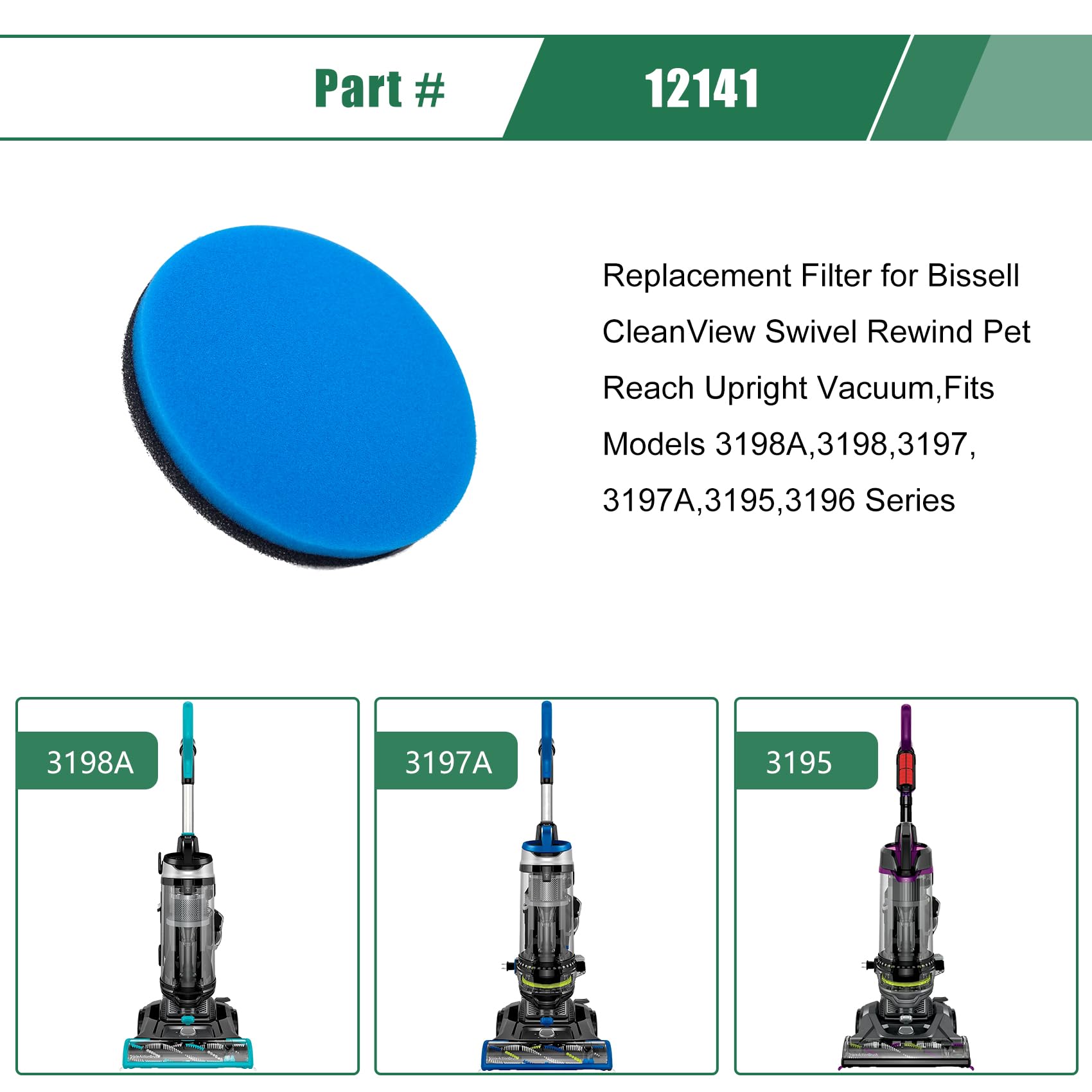 Ymimi Replacement Filter for Bissell CleanView Swivel Rewind Pet Reach Upright Vacuum,Fits Models 3198A,3198,3197,3197A,3195,3196 Series Part # 12141 (Blue- 2 Pack)