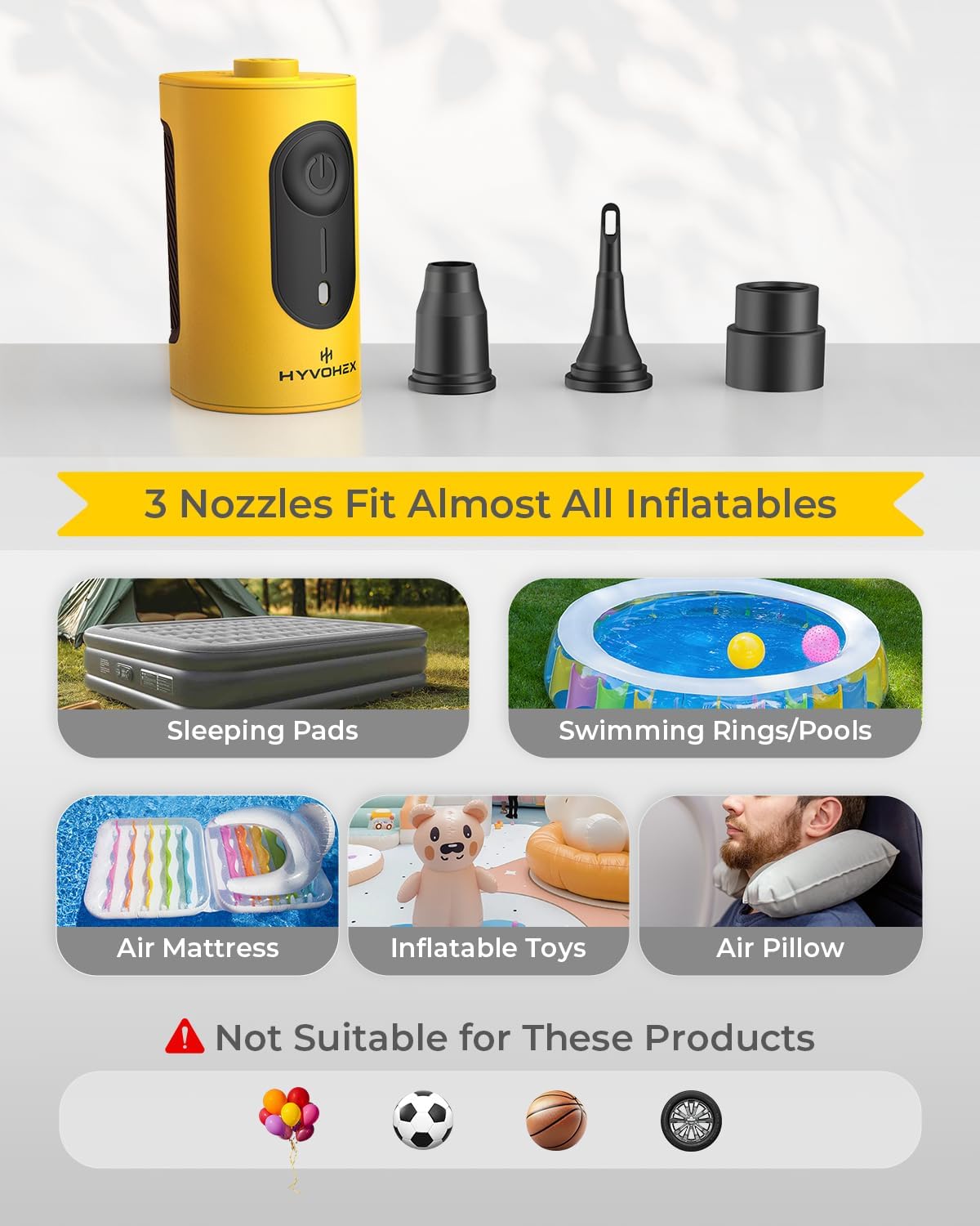 Pompa ad aria portatile per gonfiabili, pompa ad aria ultra veloce da 4000 mAh con dissipazione del calore avanzata, pompa ad aria elettrica a 3 ugelli, gonfiaggio e sgonfiaggio per materassini