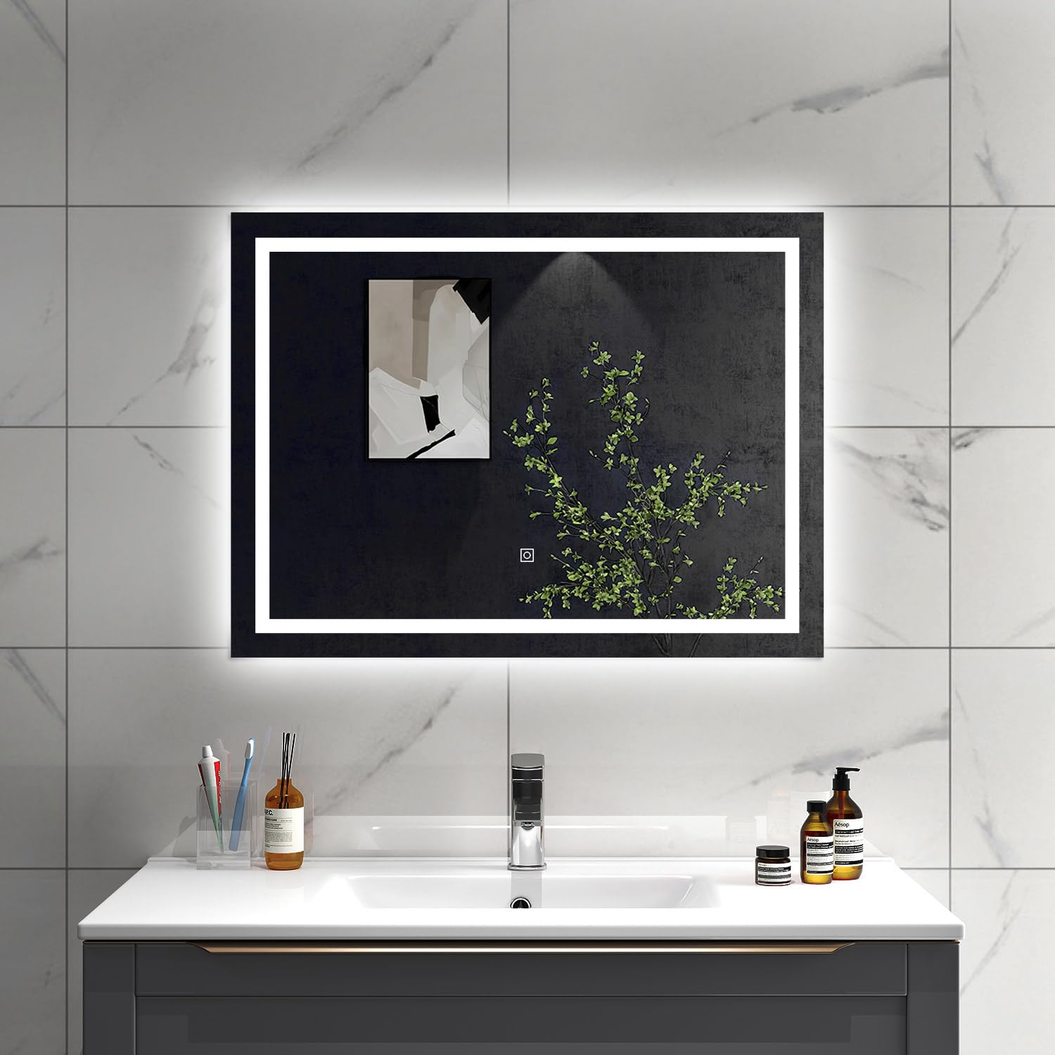 SLINE SANITARY Bathroom Mirror with LED Light 80x60cm,Wall Mounted Vanity Mirror with Demister Pad, Dimmable white Lights,Touch Control & Memory Function,IP44 Rated,Horizontal/Vertical