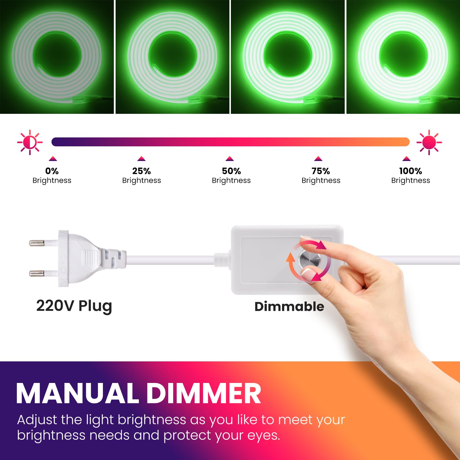 Tira LED COB regulable [20M, Verde], AC220-240V, recortable, flexible impermeable IP65, tira de neón FCOB LED CRI90+, para dormitorio, cocina, hogar y decoración de tiendas