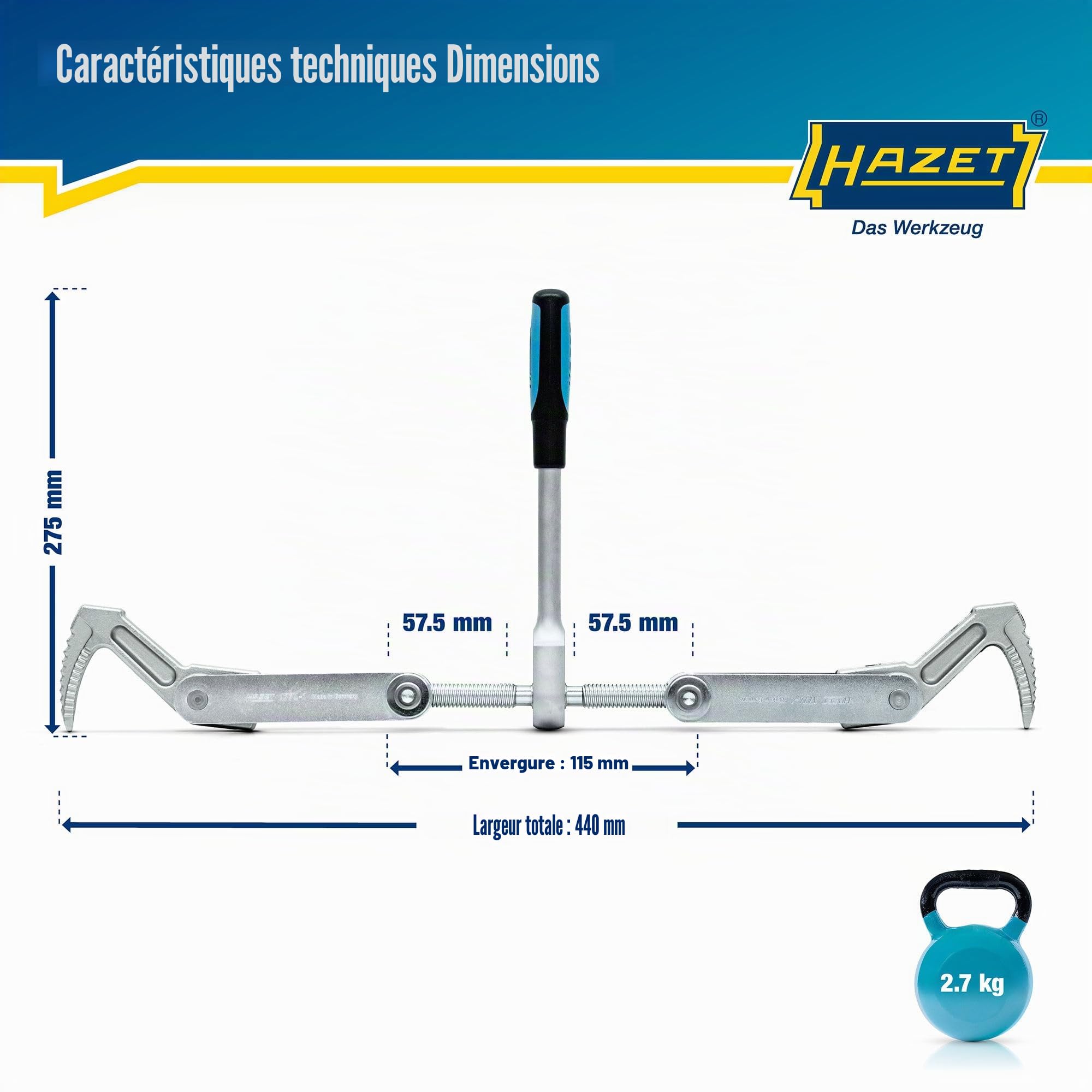 HAZET Tire-bois 1774-1 I course de serrage : 115 mm, largeur totale : 440 mm, longueur du cliquet : 275 mm, filet trapézoïdal TR 16 x 5 I pour serrer, tirer et comprimer les bois'.