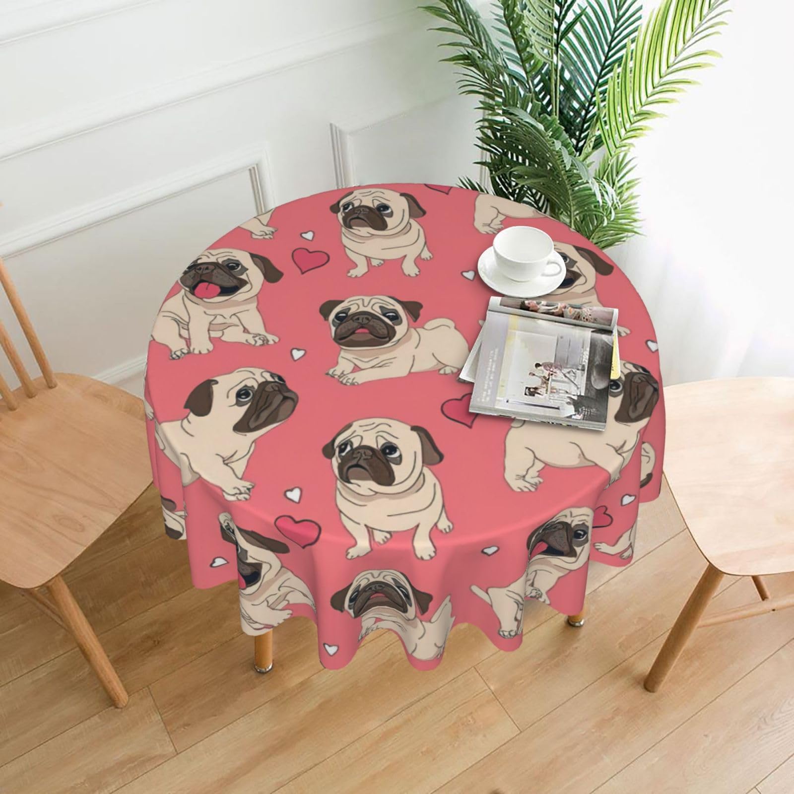 SDEGTHO Pug Dog Print Modern Retro Round Tablecloth 60in Polyester Fabric Cover for Party Dining Table Washable