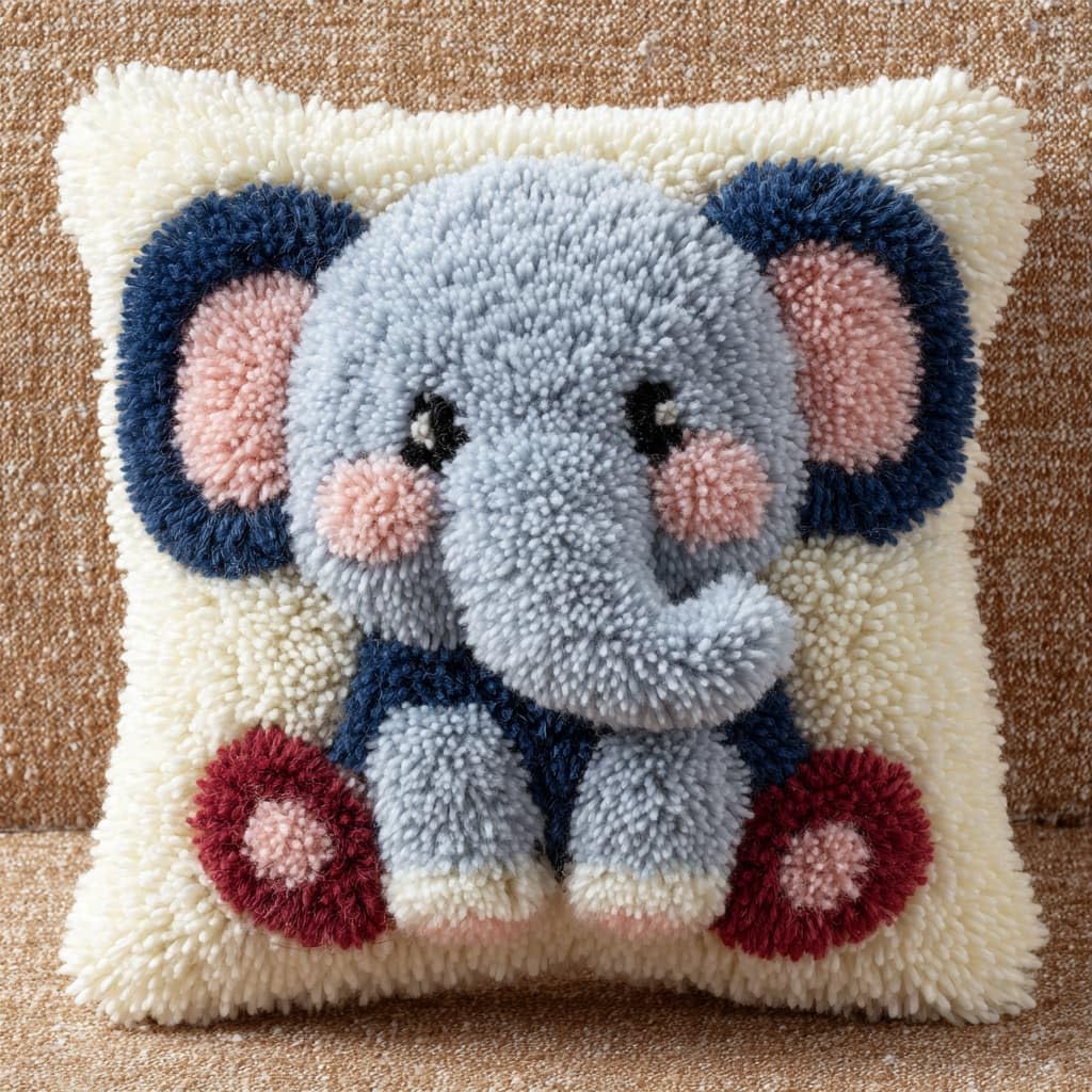 Taxpy Latch Hook Pillow Case Embroidery Kits, Animals Elephant DIY Needlework Latch Hook Cushion Cover Kits,Sofa Cushion Cover,17x17inch