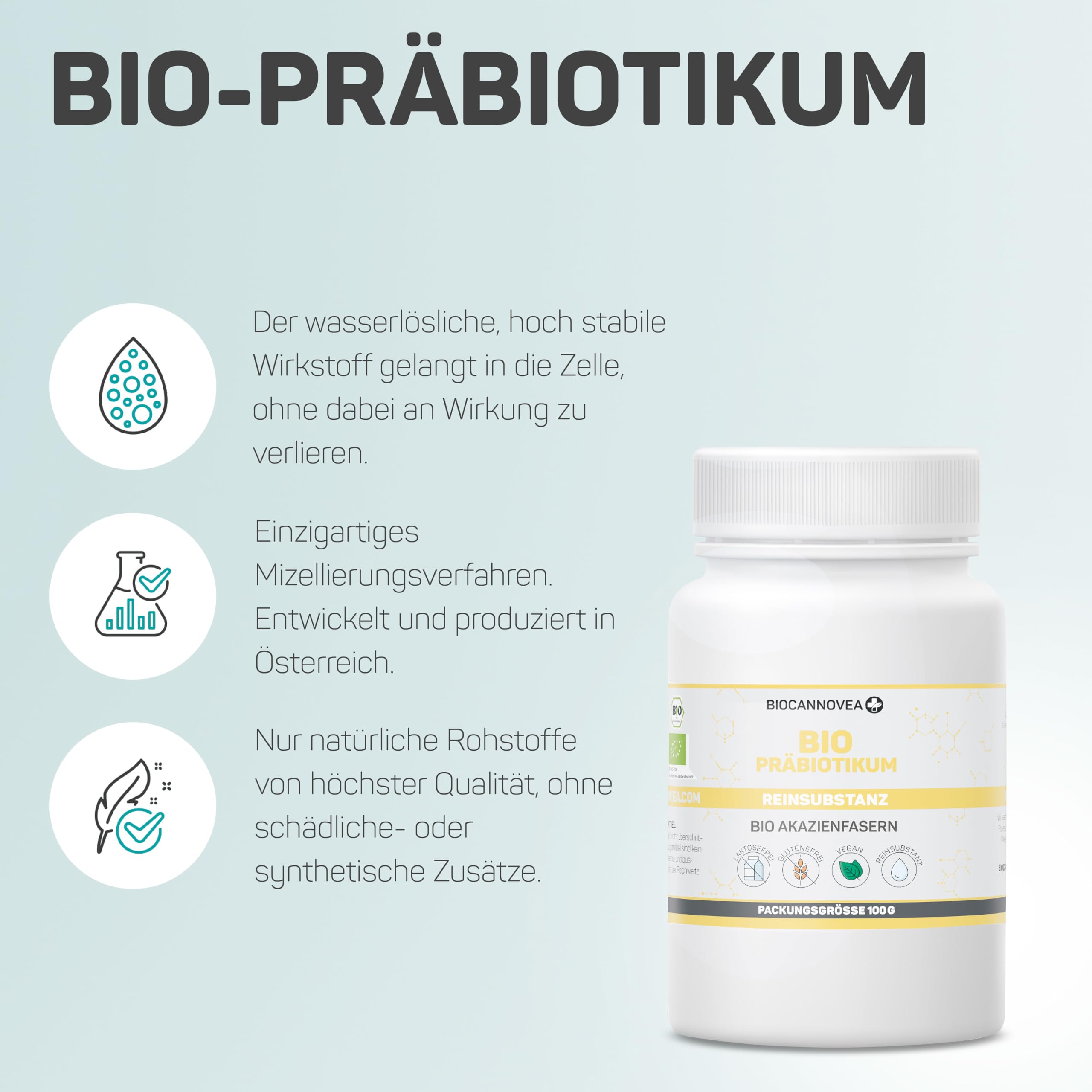 Bio Präbiotikum - mit Akazienfasern zur Unterstützung des Darmgesundheit - fördert Immunsystem & Darmflora und unterstützt die mentale Gesundheit - in Österreich produziert