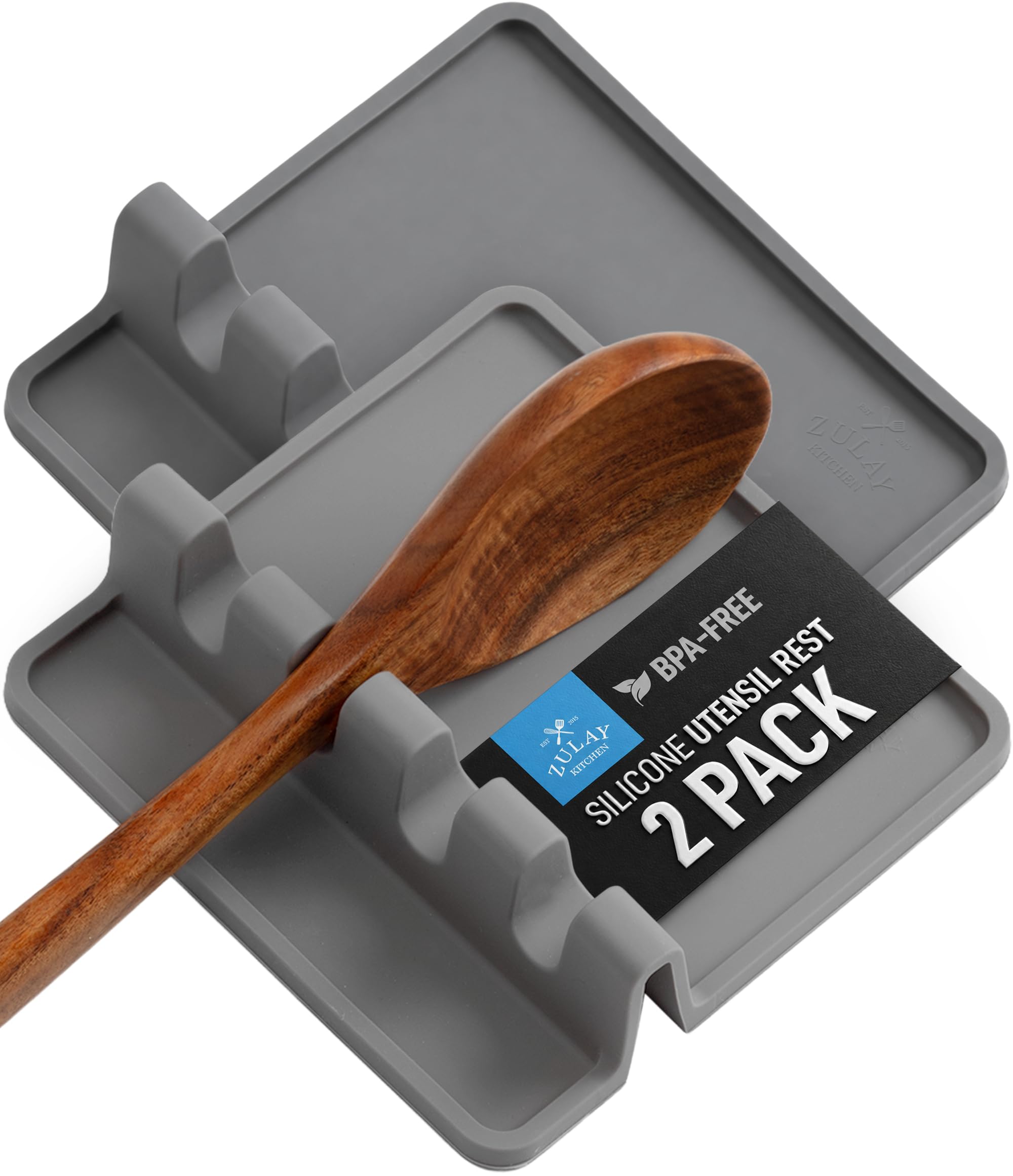 Zulay Kitchen Sillicone Spoon Rest for Stove Top, 2-Pack Spoon Holder, Gray