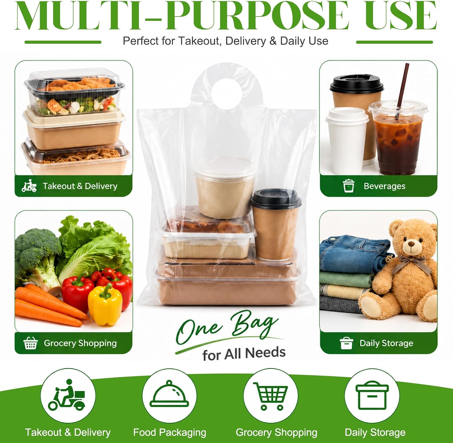 100 Pcs 20" x 20" Plastic Take out Bag with Wave Top Handle Reusable Unprinted Plastic Grocery Merchandise Bags for Shopping, Business, Carry Out, Restaurant, Grocery, Trash