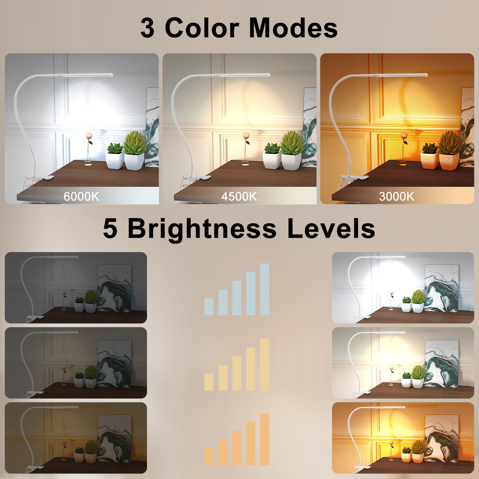 Mojimdo Lampka biurkowa 77 LED z pilotem [Imponująca moc świetlna] 70CM Lampka zaciskowa, 3 kolory & 10 poziomów jasności, 360° Elastyczna z ładowarką USB