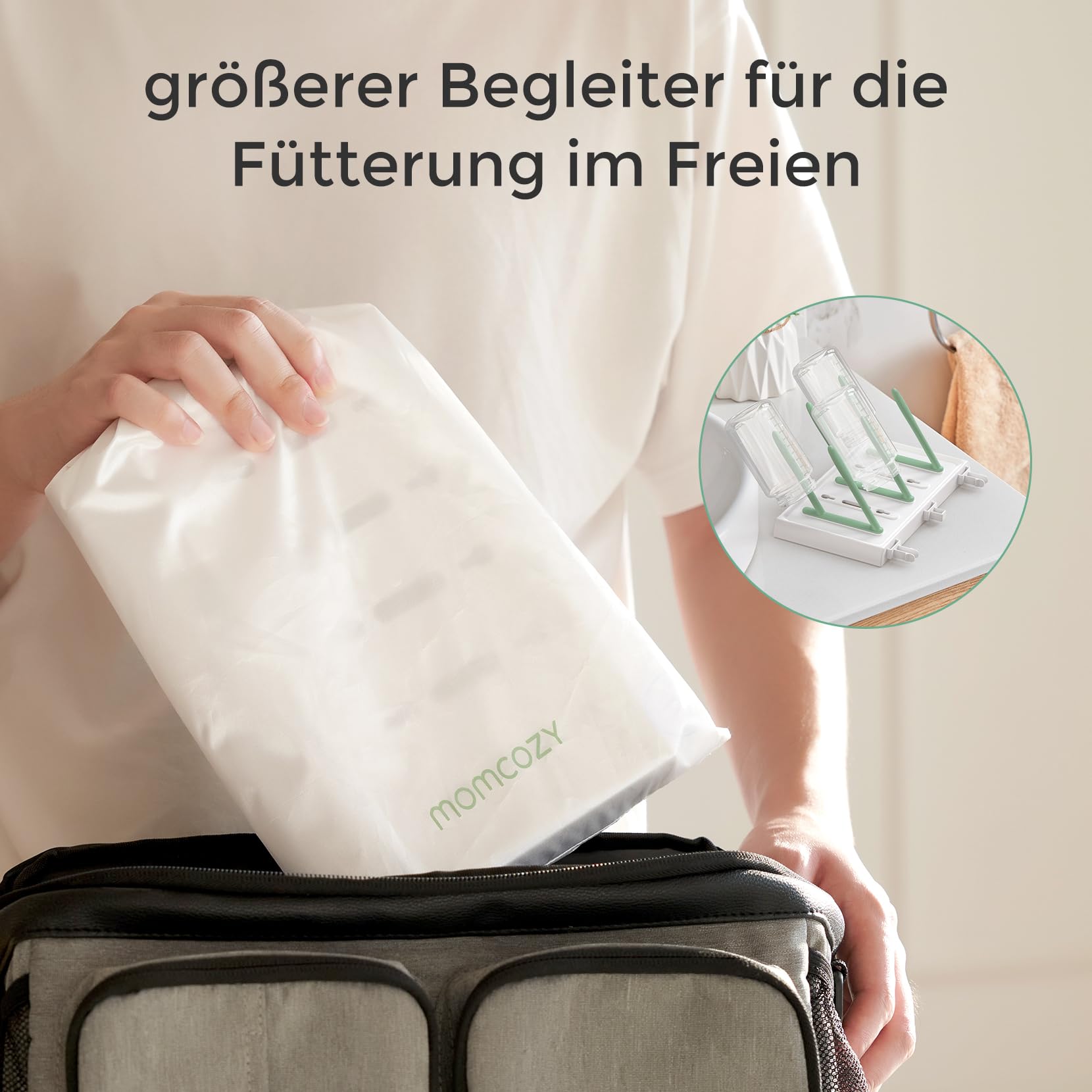 Momcozy Premium Babyflaschen Trockenständer – Vertikaler Flaschenhalter für 18 Flaschen & Stillzubehör | Mit Reise-Set & Bürstenhalter (37x17x54 cm)