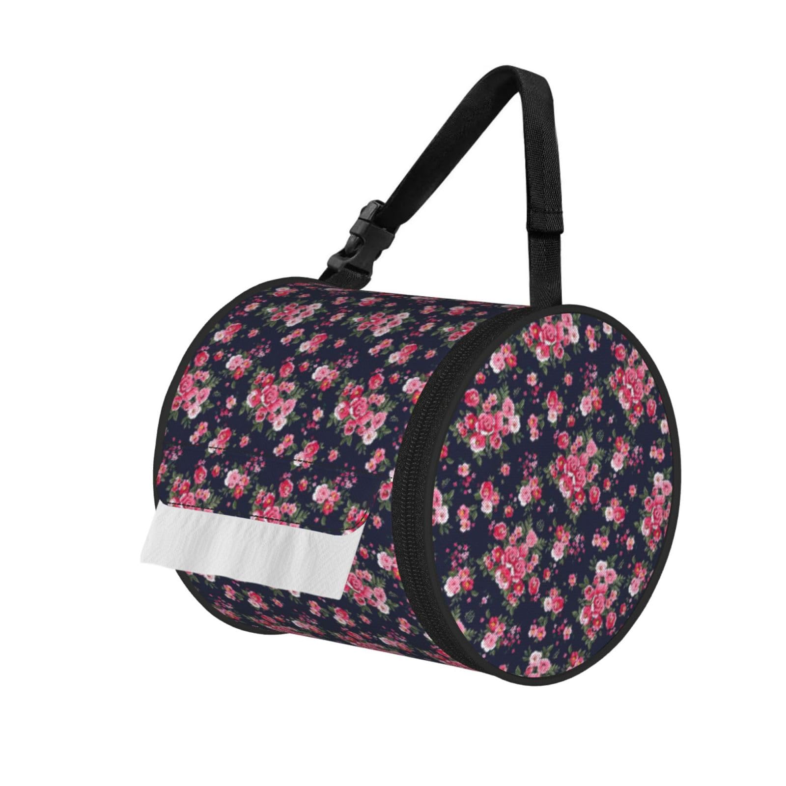 Peony Flowers Print Round Tissue Dispenser Bag With Carry Strap, Portable Roll Holder For Car Travel Home