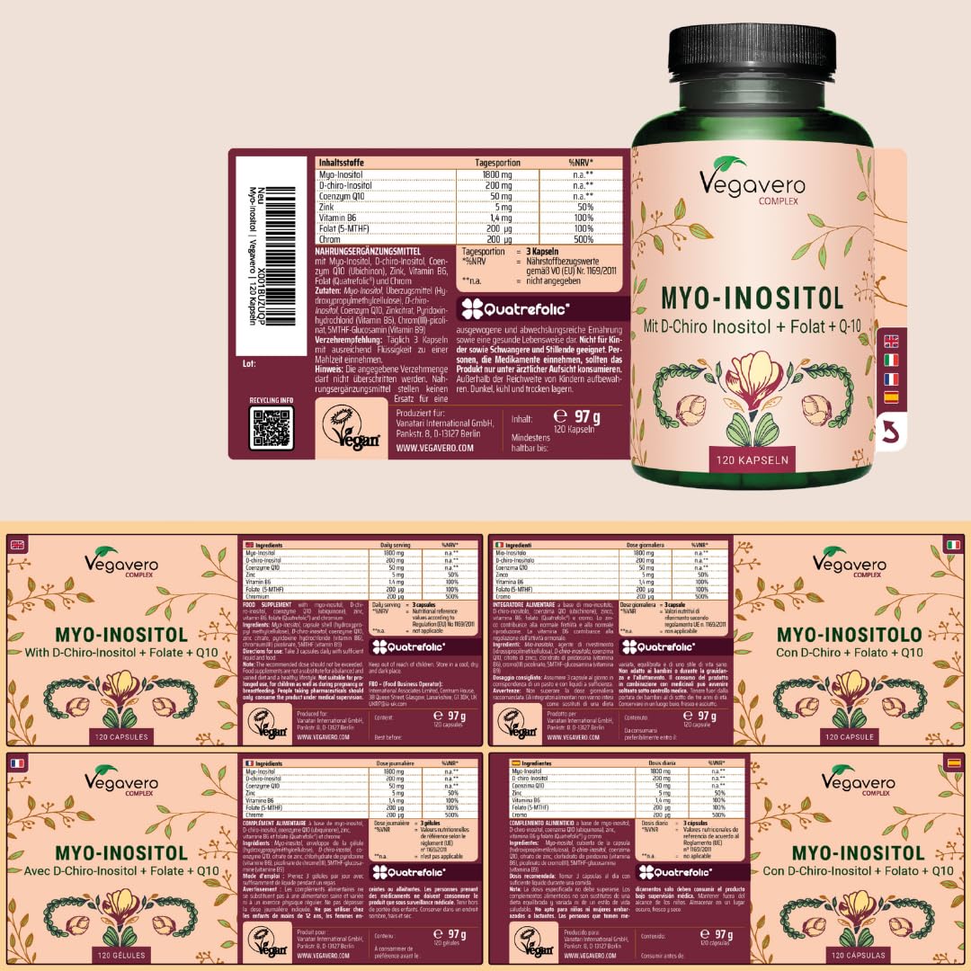 Vegavero Myo-Inositol Komplex - 120 Kapseln mit 1800 mg Myo Inositol, D-Chiro-Inositol, Resveratrol, Q10, Zink, Vitamin B6 & Folsäure - Hochdosiert, vegan, ohne Zusatzstoffe (Packung mit 2)