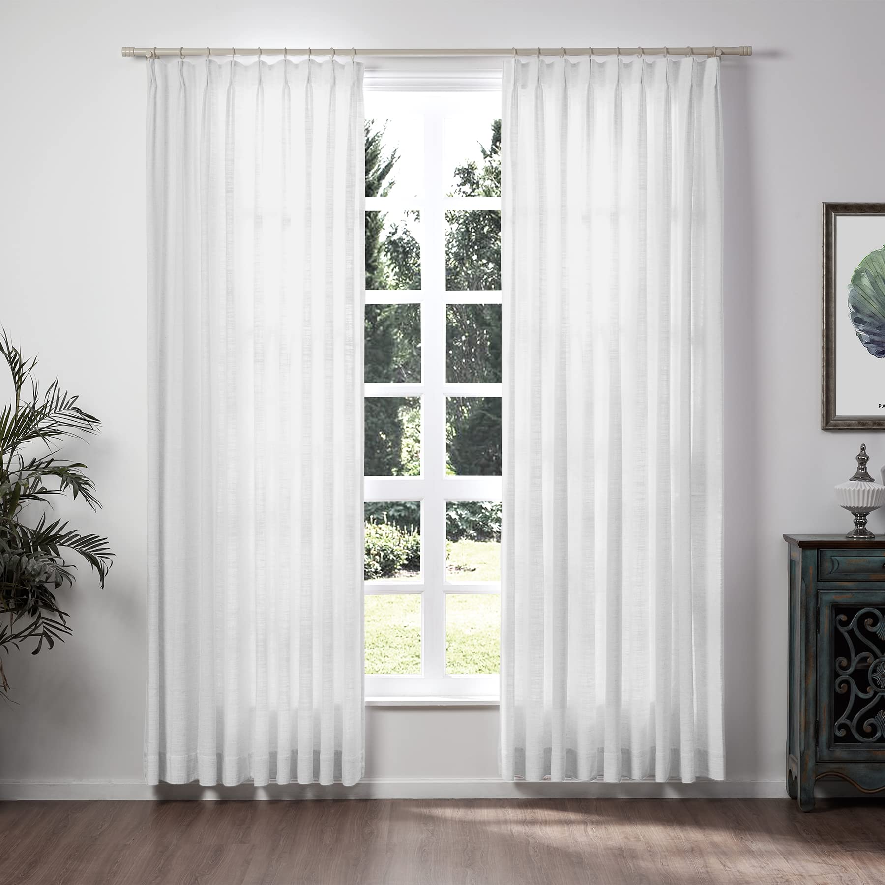TWOPAGES Snow White Pinch Pleated Drape 84 Inch Length Linen Textured Light Filtering Curtain for Kitchen, Privacy Protection Window Treatment (1