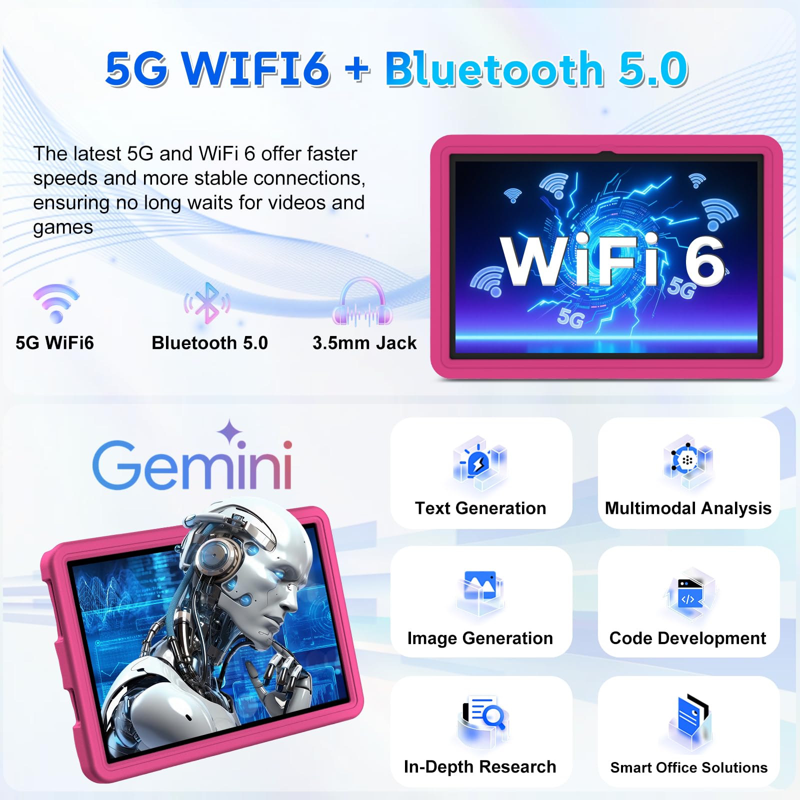 DMOAO Tablette Enfants 10 Pouces Android 15 avec 30Go RAM (TF 2To), 5G WI-FI 6, Widevine L1, Contrôle Parental, 8-Core, Tablette Tactile avec Coque Antichoc EVA + Support Rotatif à 360°,Rose Rouge