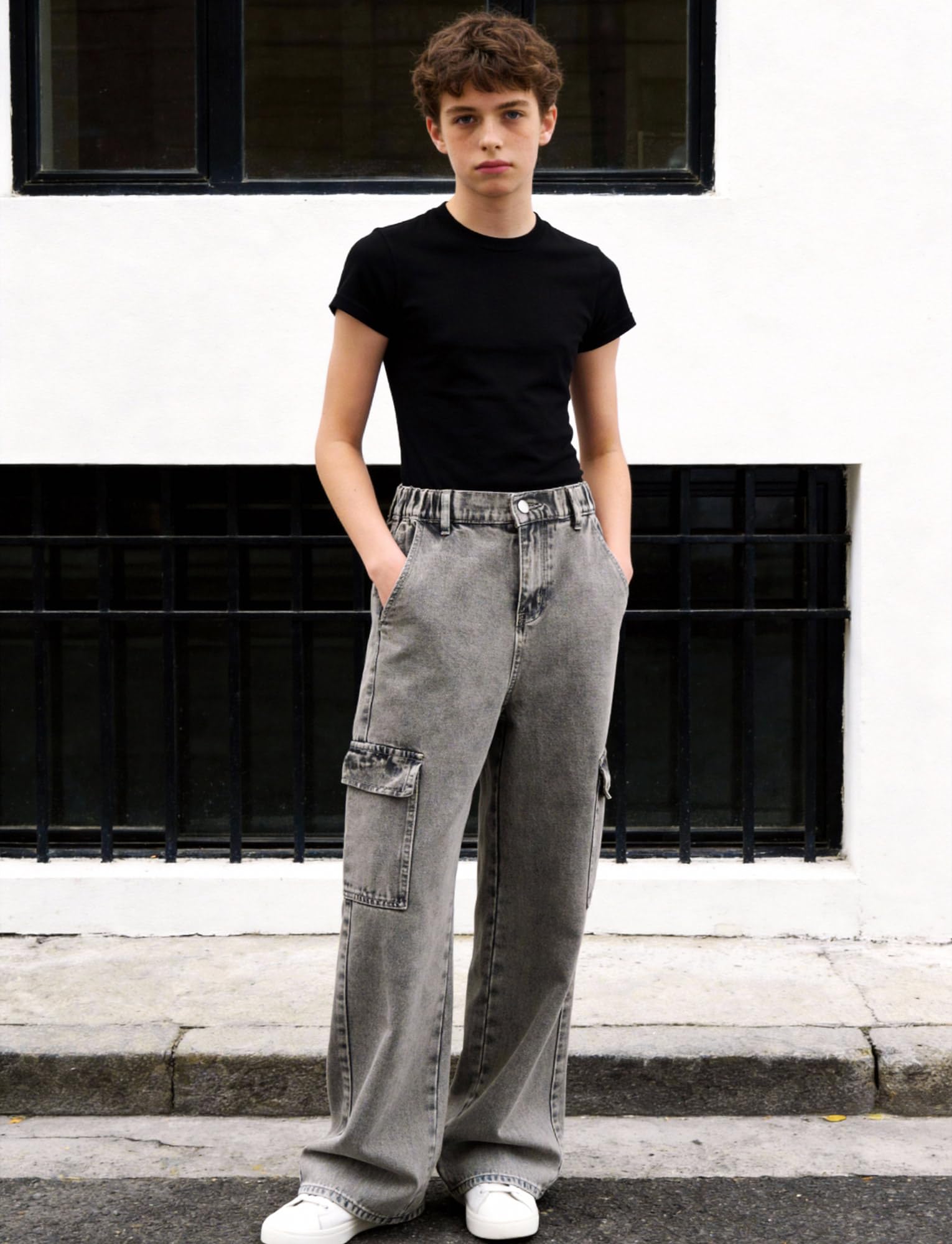 Jeans cargo da ragazzo con elastico in vita jeans larghi gamba dritta cerniera Fly Denim Pantaloni con tasche 13-16Y