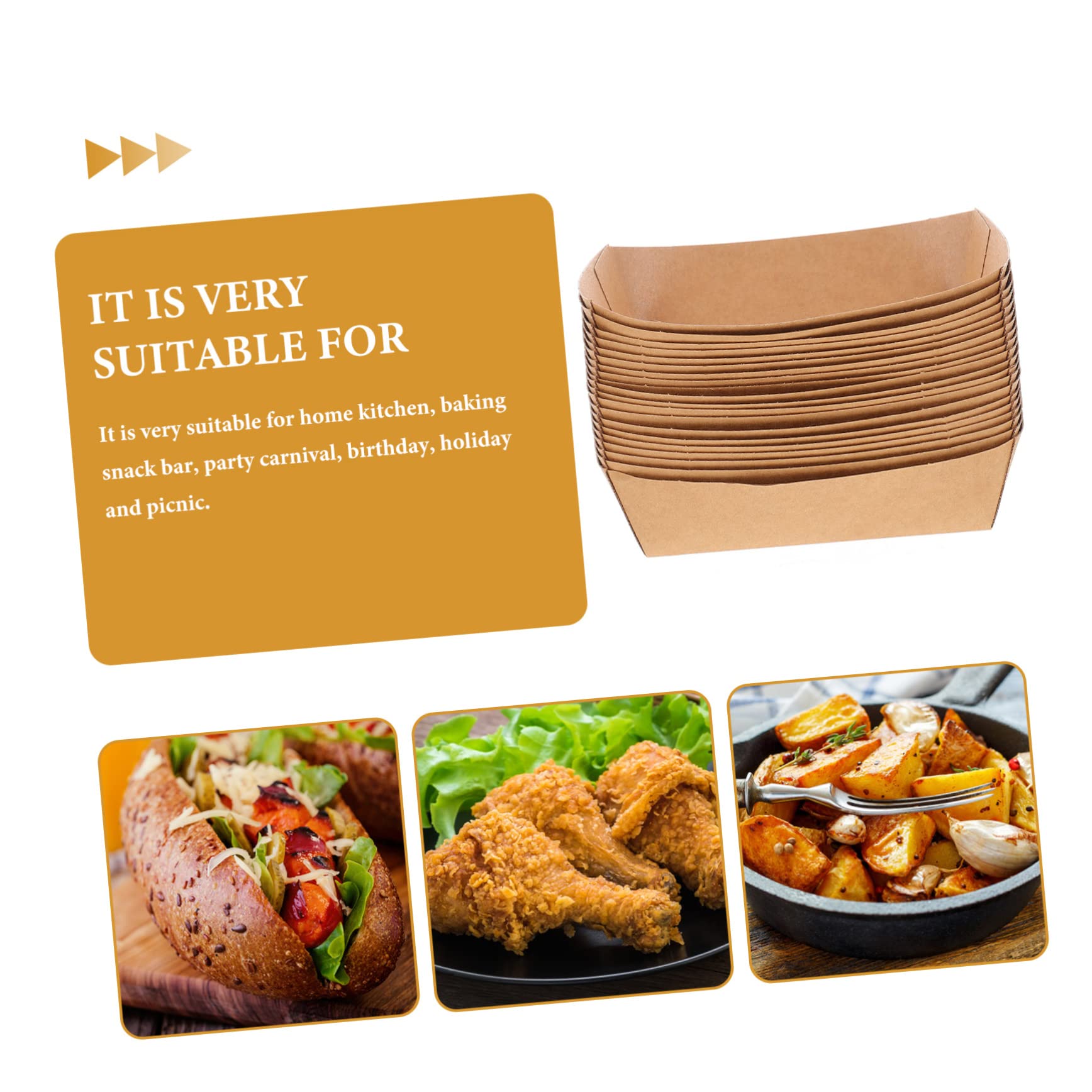 OUNONA 100pcs Paper Food Tray Paper Takeaway Containers Burgers Takeout Trays Fried Snack Holder Paper Food Boats Concession Stand Hot Dog Cooker Grease Popcorn Kraft Paper Light Brown