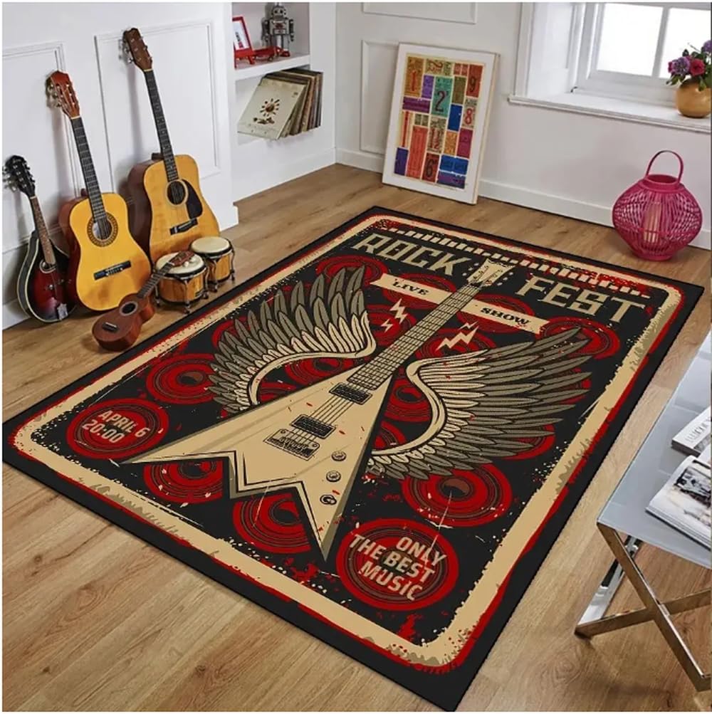 Tapis de sol guitare vintage 100x160cm antidérapant et doux pour décoration de salon et chambre