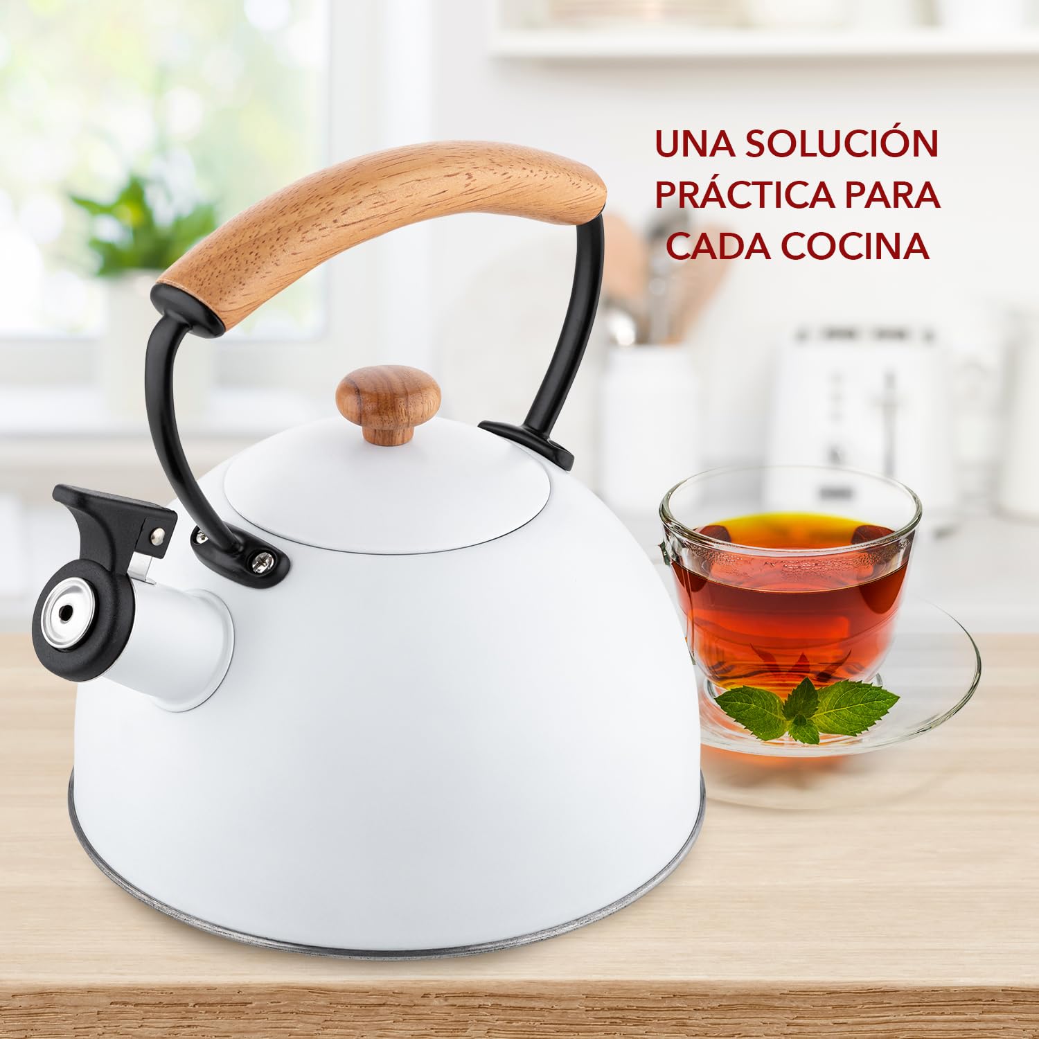 Tetera FLORINA (2,3 l) | Acero Inoxidable NATURA | Tetera Flauta con Mango de Madera | Silbato Automático | Estufa de Inducción, Estufa de Gas y Estufa Eléctrica | Color: Blanca