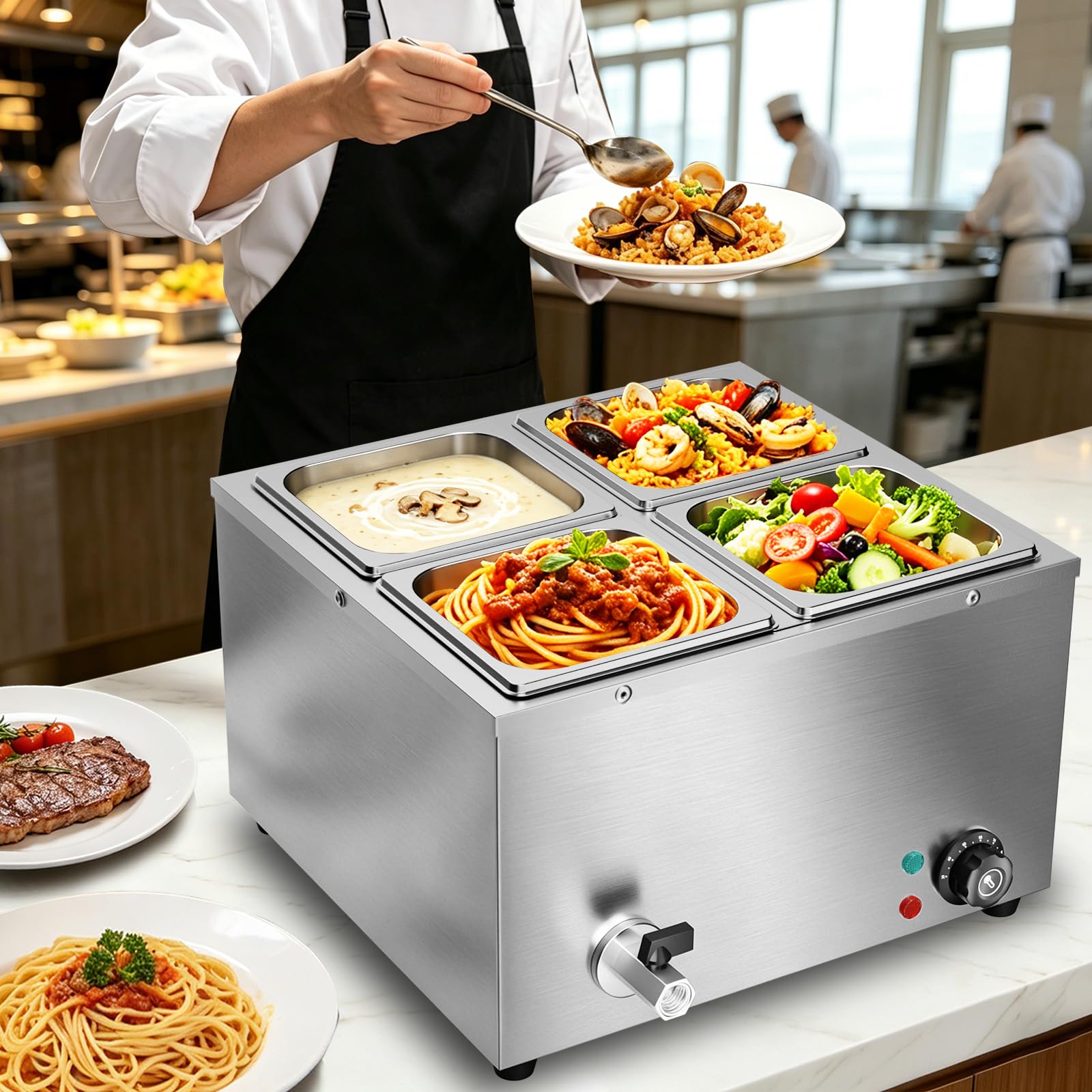 TAIMIKO 1500W Bain Marie électrique en Acier Inoxydable Cuiseur pour Chocolat Fondoir 220V Chauffe-Plats Professionnel Commercial avec 4 x 1/6 Casseroles