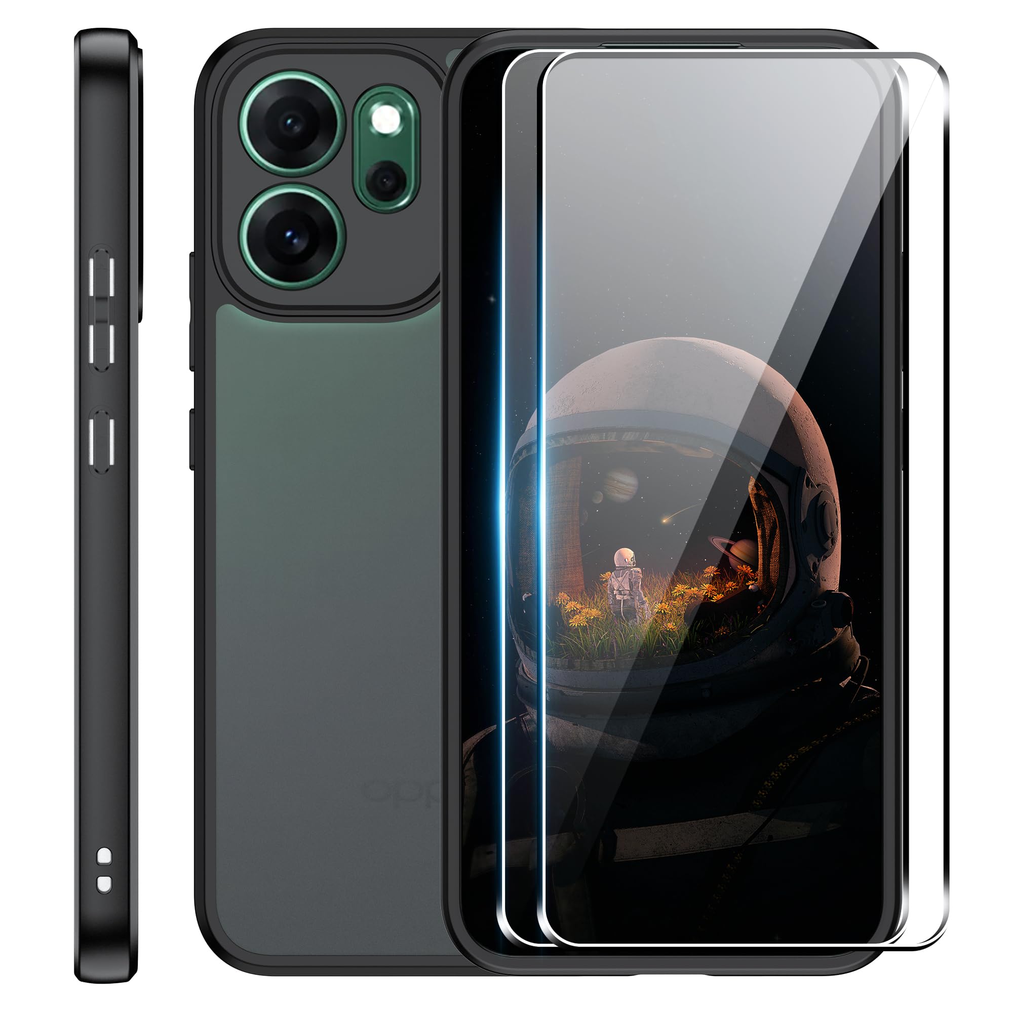 zZjoOoj Cover per OPPO Reno 14 F 5G/ Reno 14 FS 5G Custodia Con 2 Pezzi Pellicola Vetro Temperato, Traslucida Opaco Retro Antiurto Cellulare Custodia,Antiurto, Anti-Graffio (Nero)