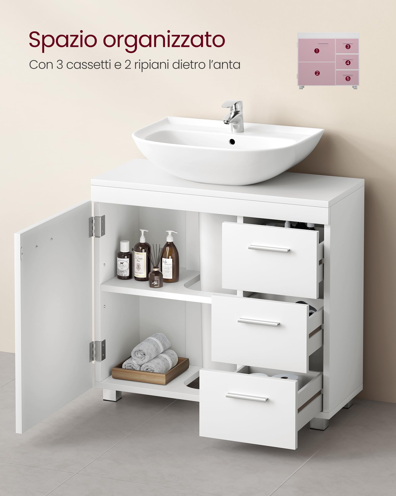 VASAGLE Mobile Sottolavabo per Bagno, Mobiletto da Bagno, 3 Cassetti Laterali, 2 Scomparti dietro l'Anta, per Lavabi con Colonna, con Piedini, 30 x 70 x 64 cm, Bianco Nuvola BBK504W01