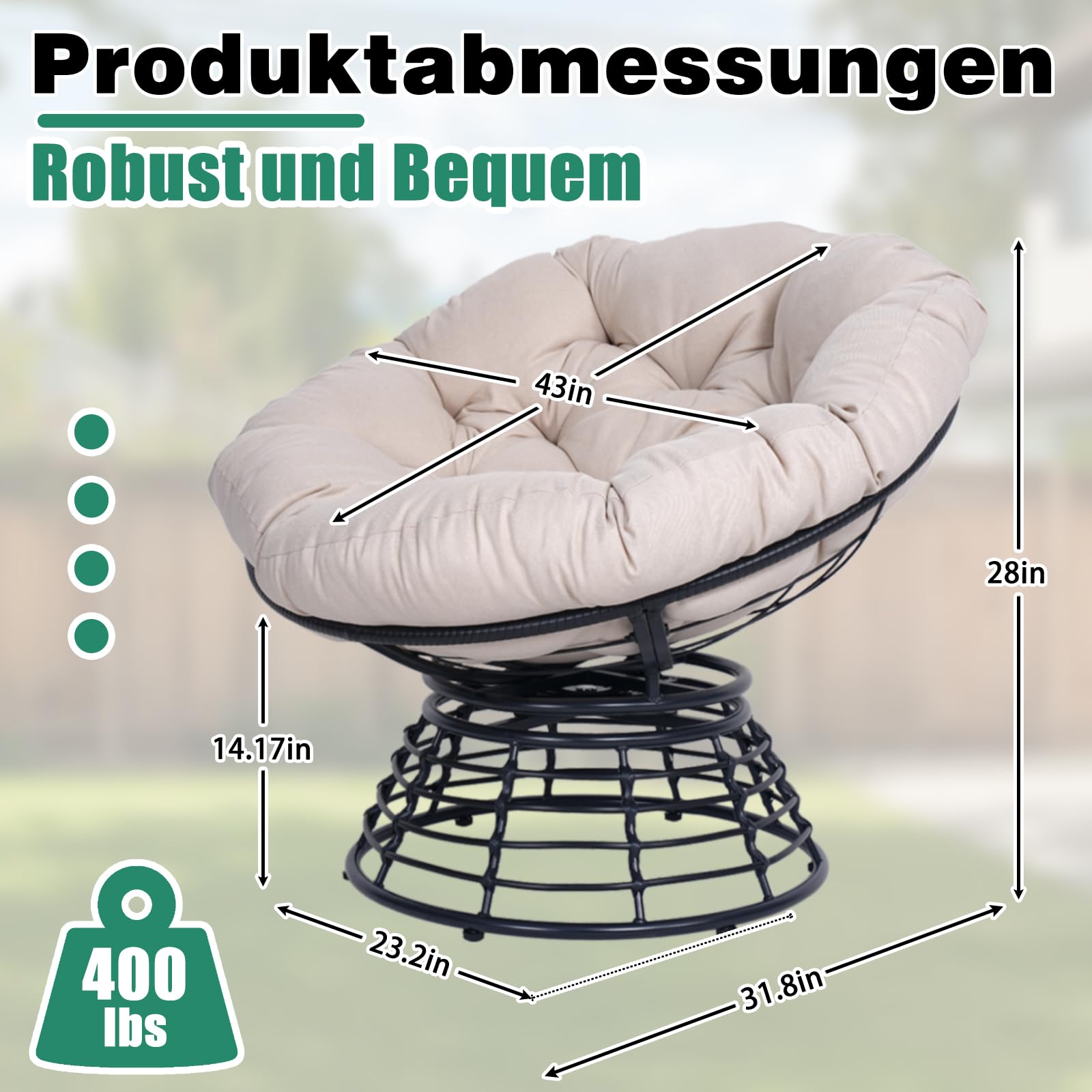 43" Ergonomischer 360°drehbarer Papasan-Sessel runder Korbsessel mit dickem Kissen Loungesessel für Wohnzimmer Schlafzimmer Leseecke Innen- Außenbereich, hellgraue Polsterung schwarzes Gestell