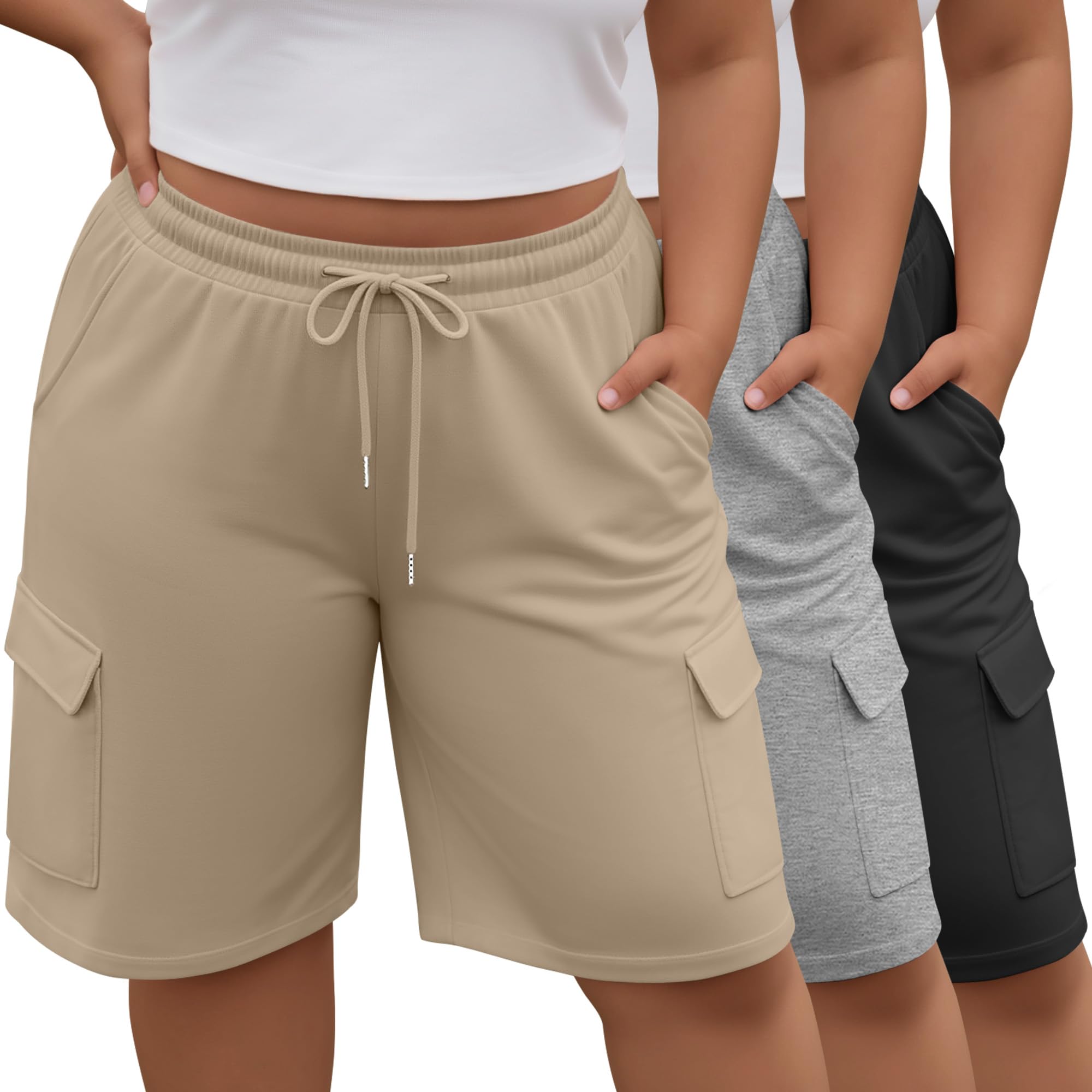 Photo 1 of *** ONE PAIR ***Neer 3 Pack Women's Plus Size Cargo Shorts Elastic Drawstring Bermuda Short Casual Loose Athletic Yoga Shorts with 4 Pockets(Black, Light Gray, Khaki,XX-Large)