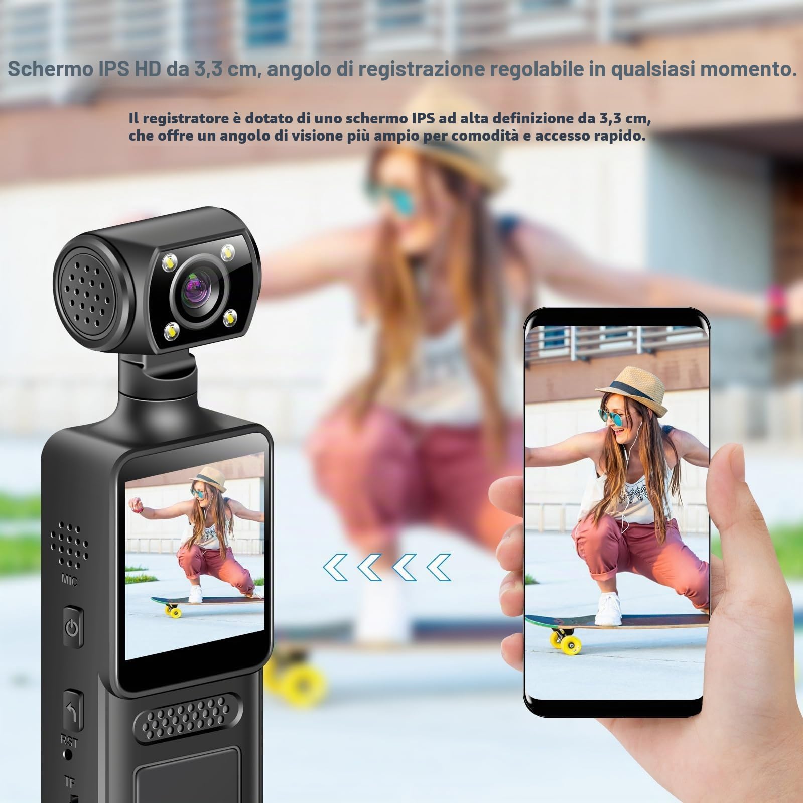 FOLODA Fotocamera portatile per sport, WiFi rotante a 180°, 4K-HD, fotocamera sportiva con schermo LCD da 1,3 pollici, con clip per microfono, per ciclismo, corsa, riprese di viaggio, vlog, video