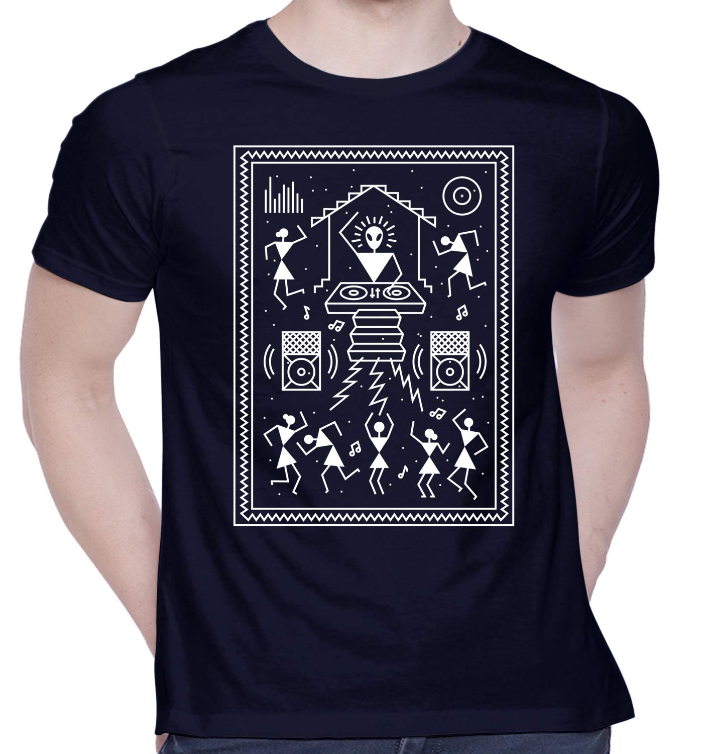 CreativiTGraphic Printed T-Shirt for Unisex DJ Warli Tshirt | Casual Half Sleeve Round Neck T-Shirt | 100% Cotton | D00132-1