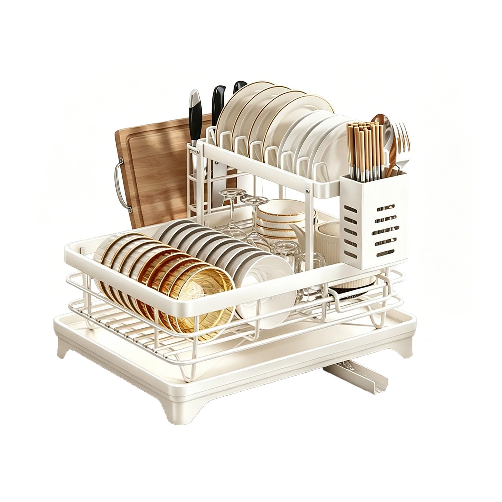 TBATM Dish Rack for Kitchen Counter with Utensil Holder, Rustproof Dish Racks with Drainboard, Large Capacity Counter Organizer, Multifunctional Storage Shelf for Plates Cutlery,White,2 Tier