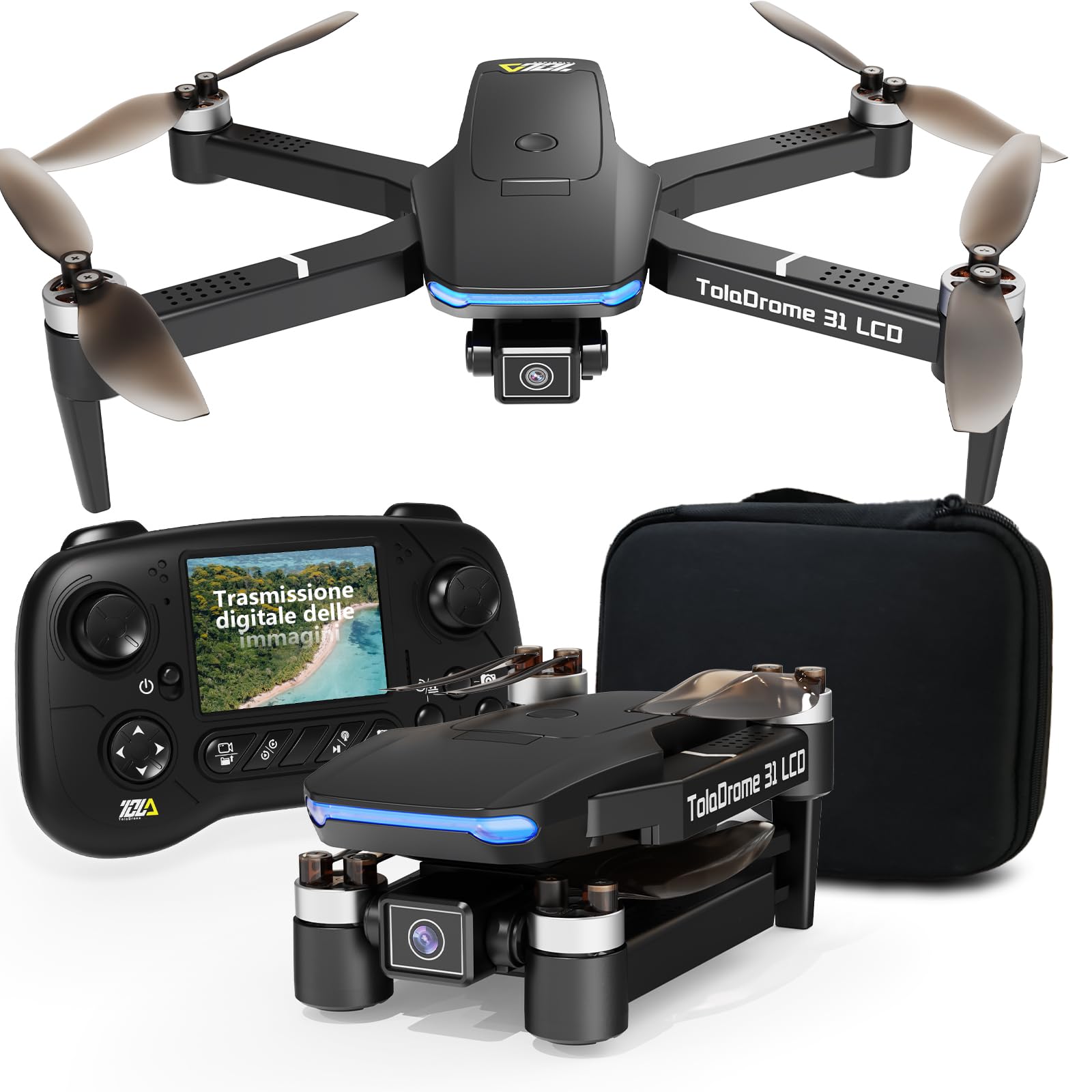 Toladrone Drone con Telecamera, Drone con Motore Brushless Drone RC con Telecamera Regolabile Motorizzata, Telecomando con Schermo LCD, Drone FPV Pieghevole RC Quadcopter per Adulti TD31LCD Drone