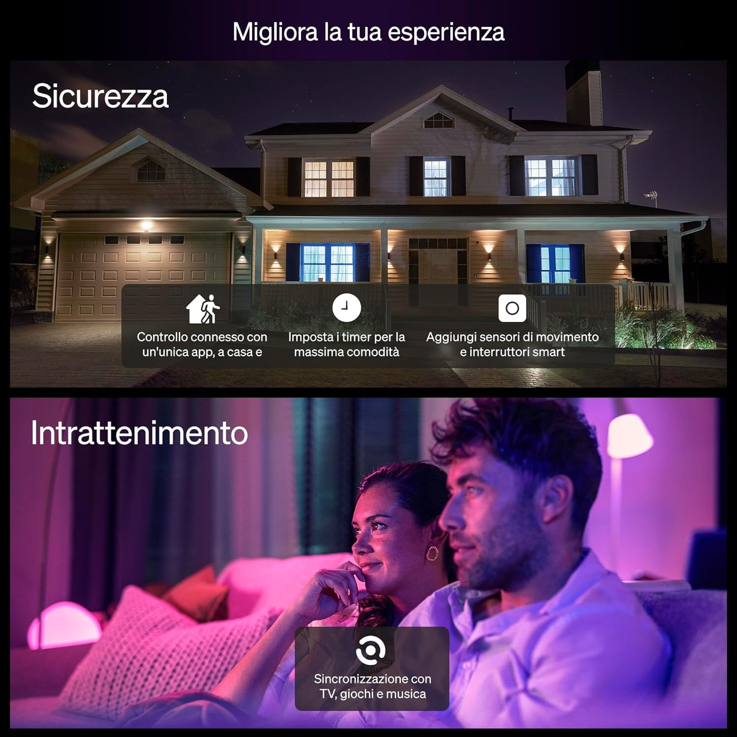 Philips Hue Essential Smart LED GU10 (Confezione da 4), Lampadina smart con luce bianca e colorata, Lampadina intelligente 4.7 W, Luce smart compatibile con Alexa, Google Assistant e Apple Home