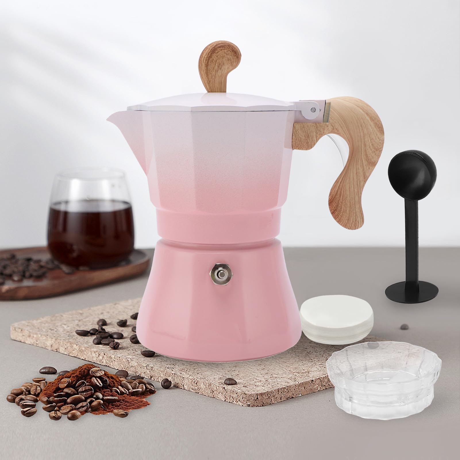 Cocoarm Italiana de Aleación de Aluminio 150 Ml 3 Tazas con Filtro de Papel y Cuchara para la Cocina Casera para Latte Cappuccino (Rosada)