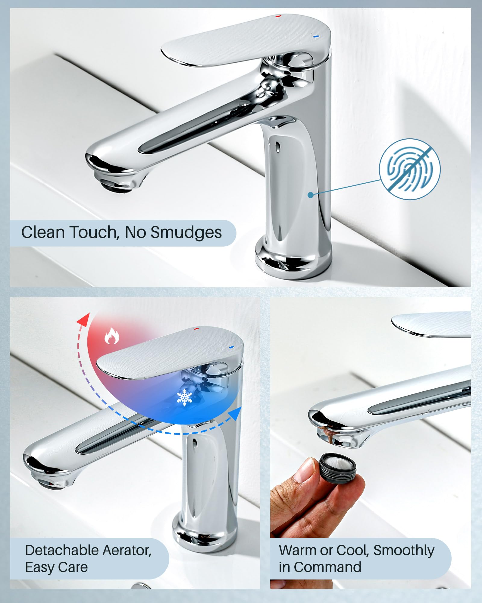 ARCORA Grifos de Lavabo, Grifo de Baño, Grifería con Salida de Agua Fría y Caliente Regulable, con Aireador Extraíble y Cartucho Cerámico, para Lavabos de Baño, Cromo