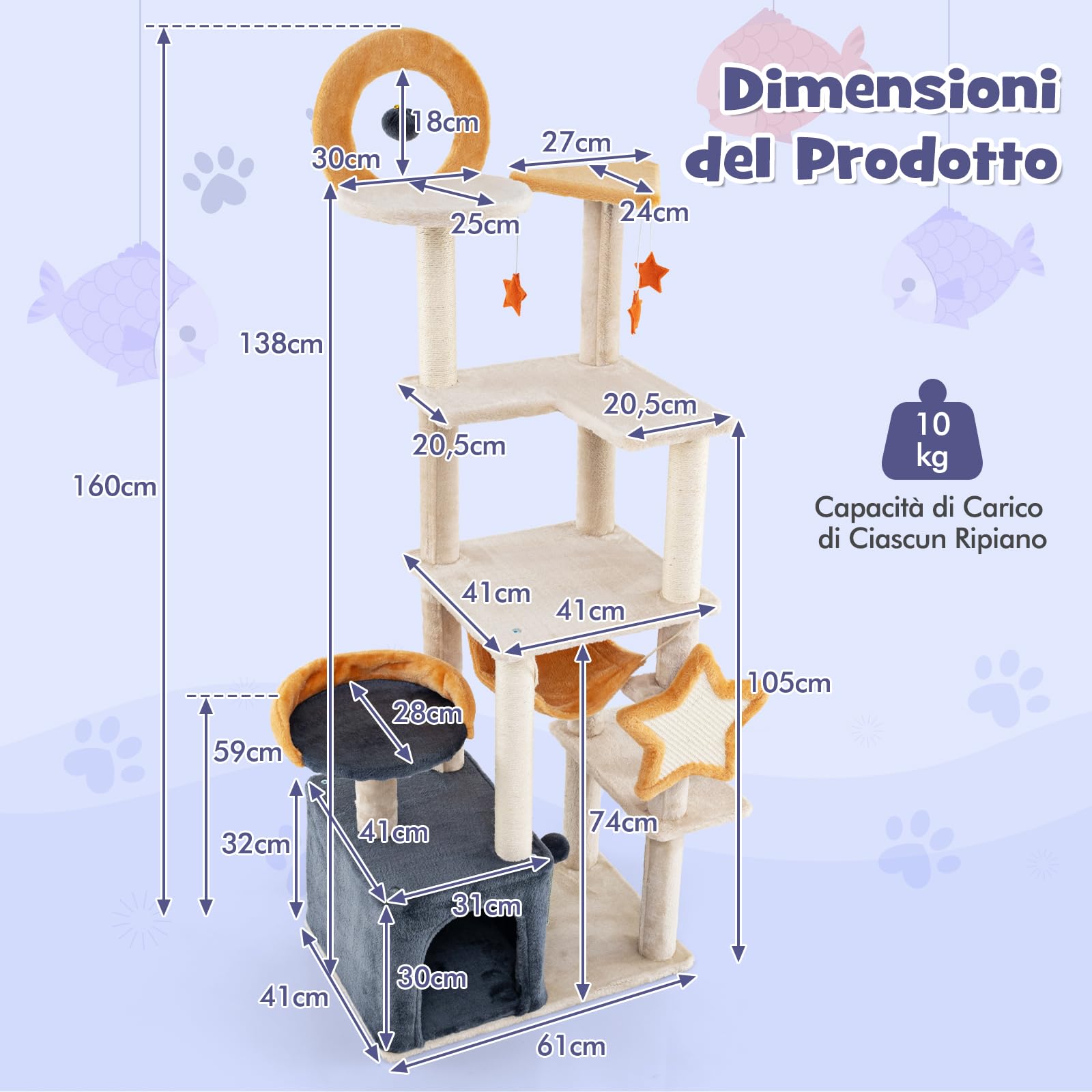 COSTWAY Albero per Gatti da Interno da 160 cm, Albero Tiragraffi con Pali e Tavole da Graffio in Sisal, Condominio, Trespolo in Peluche, Piattaforme, Giocattoli Appesi e Palla a Molla