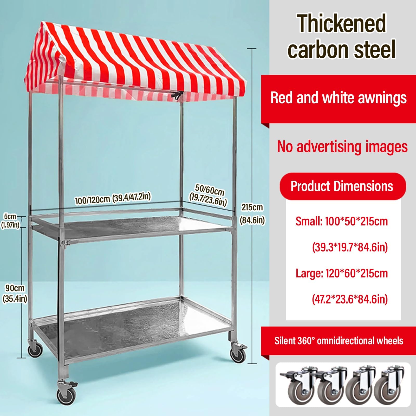 Carrello Da Vendita Mobile Per Esterni Con Tetto A Strisce, Banco Pieghevole Per Street Food, Snack E Bevande, Doppio Ripiano E Ruote Bloccabili, Ideale Per Mercatini Ed Eventi Pop-up