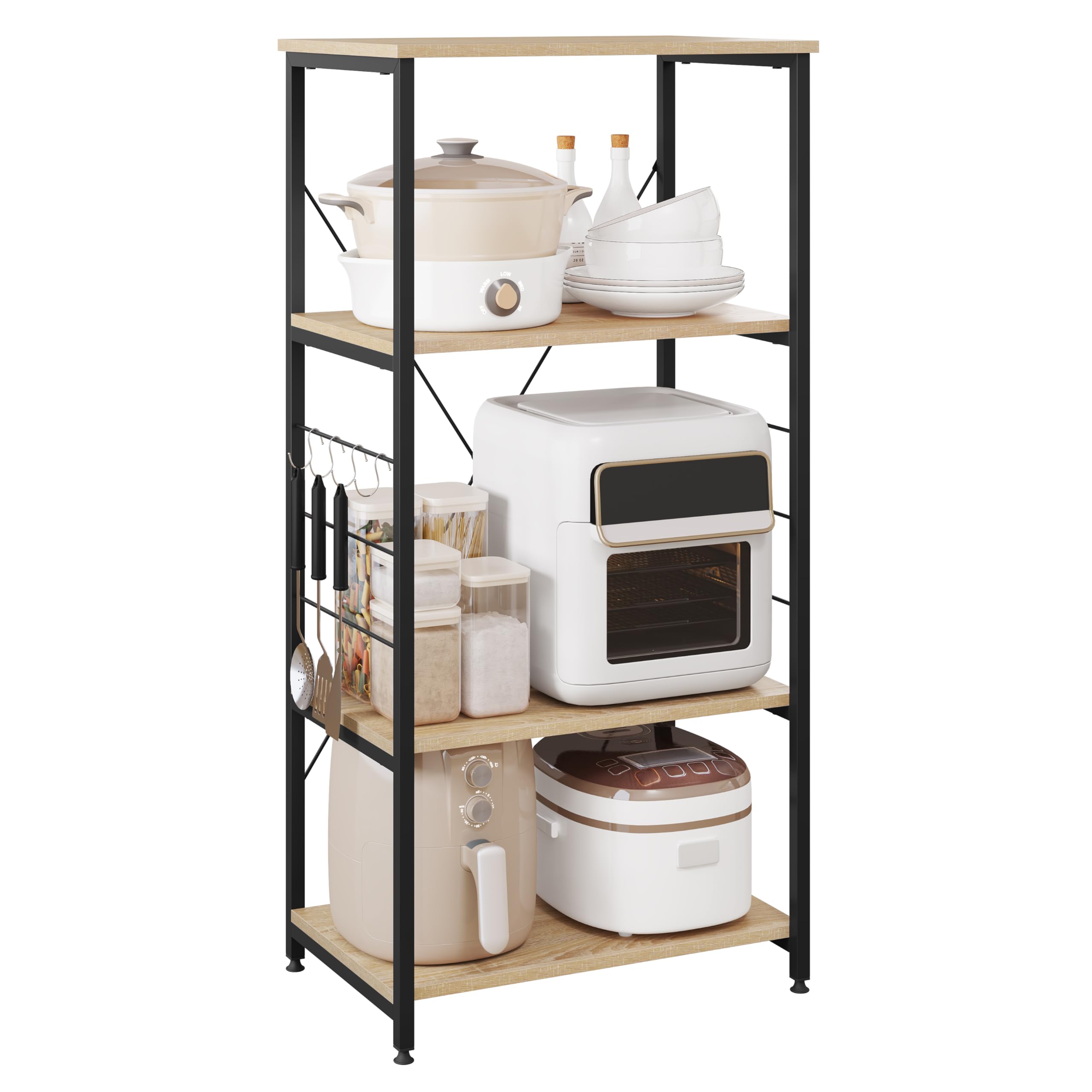 WOLTU Étagère de Cuisine Étagère de Micro-​Ondes en métal et Bois à 4 Niveaux,​Environ 60 x 40 x 123,​5 cm,​Noir + chêne Clair