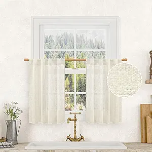 LAMIT Short Linen Curtains 36 Inch Length for Half Window, Cream Ivory Semi Sheer Light Filtering Panels Back Tab and Rod Pocket Drapes for Basement/Kitchen, 2 Panels, 25 x 36 Inch