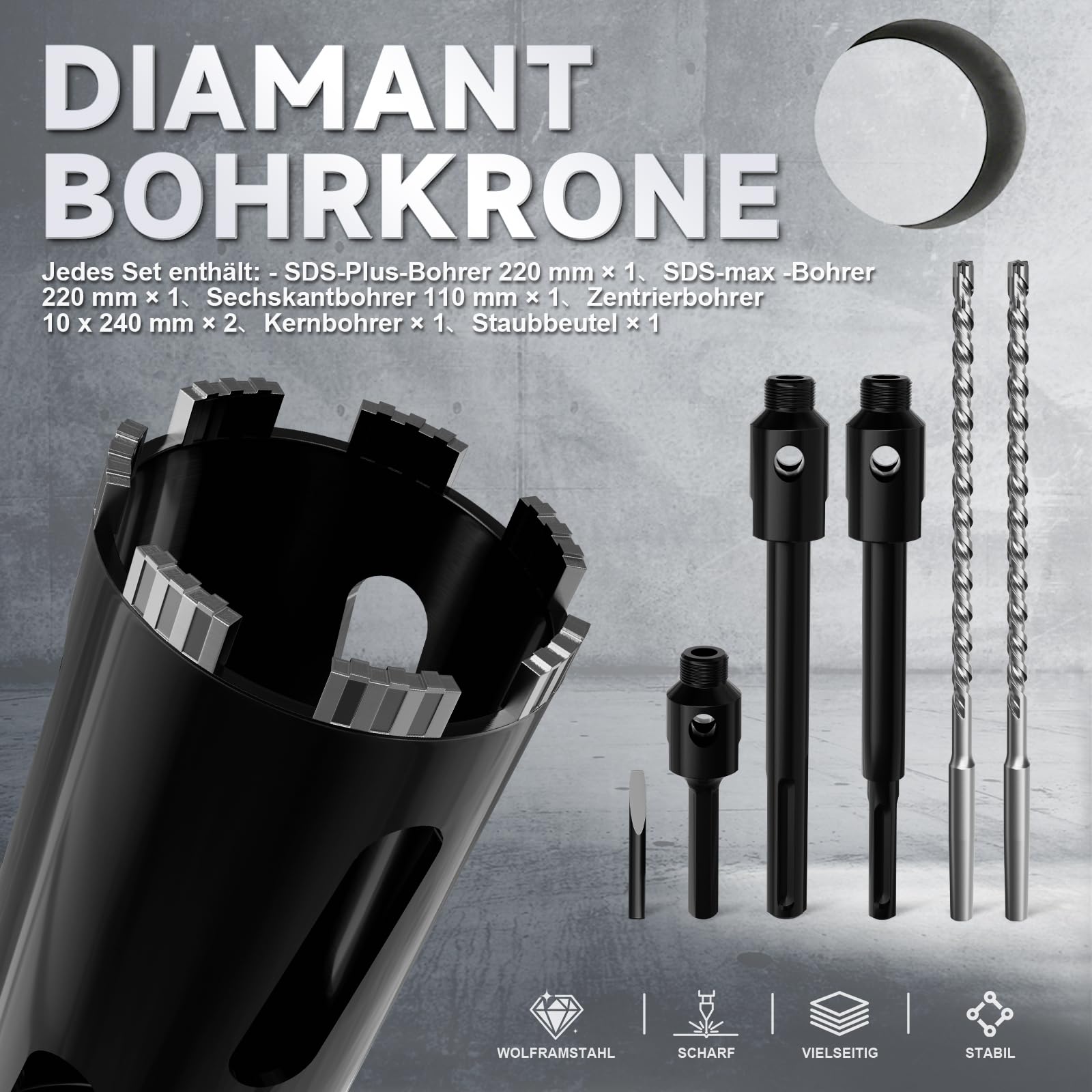 Punta a corona diamantata da 110 mm, con codolo Sds Plus, 220 mm, Sds max 220 mm, codolo esagonale 110 mm, punta di centraggio 10 x 240 mm, per calcestruzzo, mattoni pieni, mattoni cavi