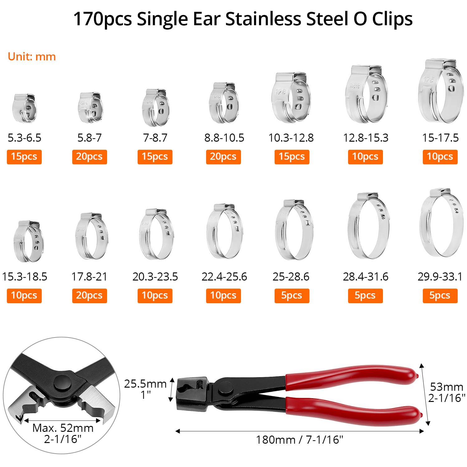QWORK® 170PCS Einohr-Schlauchschellen Set, 304 Edelstahl 14 Größen 5.3-33.1 mm Klemmschellen Schläuche mit Schlauchklemmzange