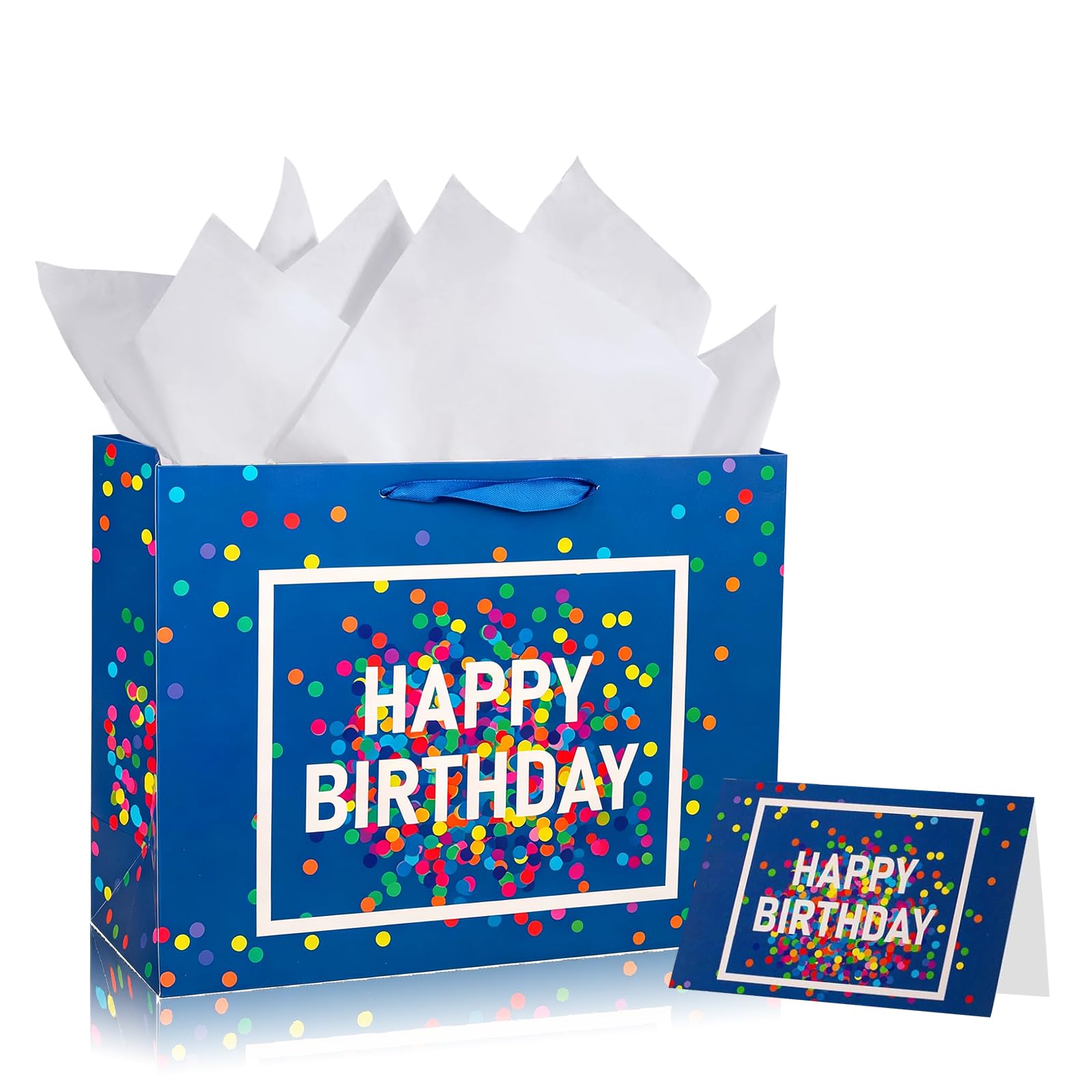 Large Birthday Gift Bag for Kids Adults Presents,Blue Dots Gift Wrap Wrapping Bag,33*26*12cm Happy Birthday Party Present Bags with Handles and 3 Wrappers 1 Card,Luxury Paper Gift Toto Bags for Him