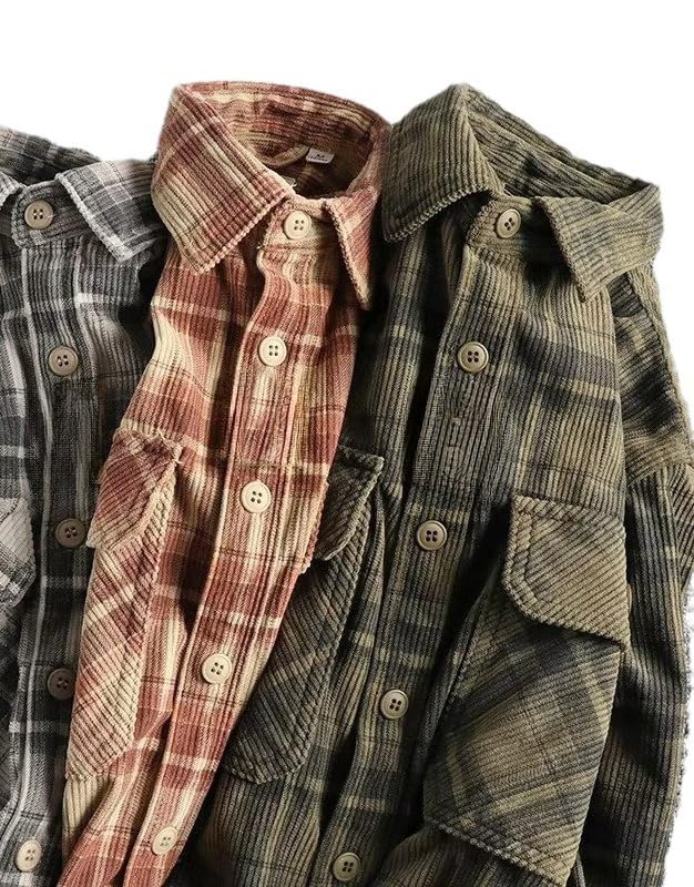 Men's Plaid Shirts Long Sleeve Button Down Washed Corduroy Shirts Casual Vintage Lightweight Shirt Jacket(Brown,L)4