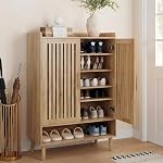 Smart FENDEE Shoe Storage Cabinet with 2 Slatted Doors, 6-Tier Large Shoe Cabinet with Adjustable Shelves, Hidden Entryway Shoe Organizer for Hallway, Foyer, Walnut