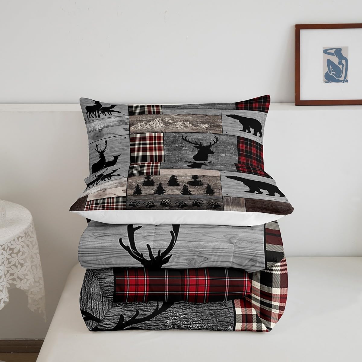 Erosebridal Hunting Deer Bear Comforter Set Queen, Rustic Elk Woodland Animal Bedding Set Farmhouse Cabin Lodge Decor, Retro Wildlife Comforter Red Black Buffalo Plaid Bedding Comforter Sets, Grey - Image 5
