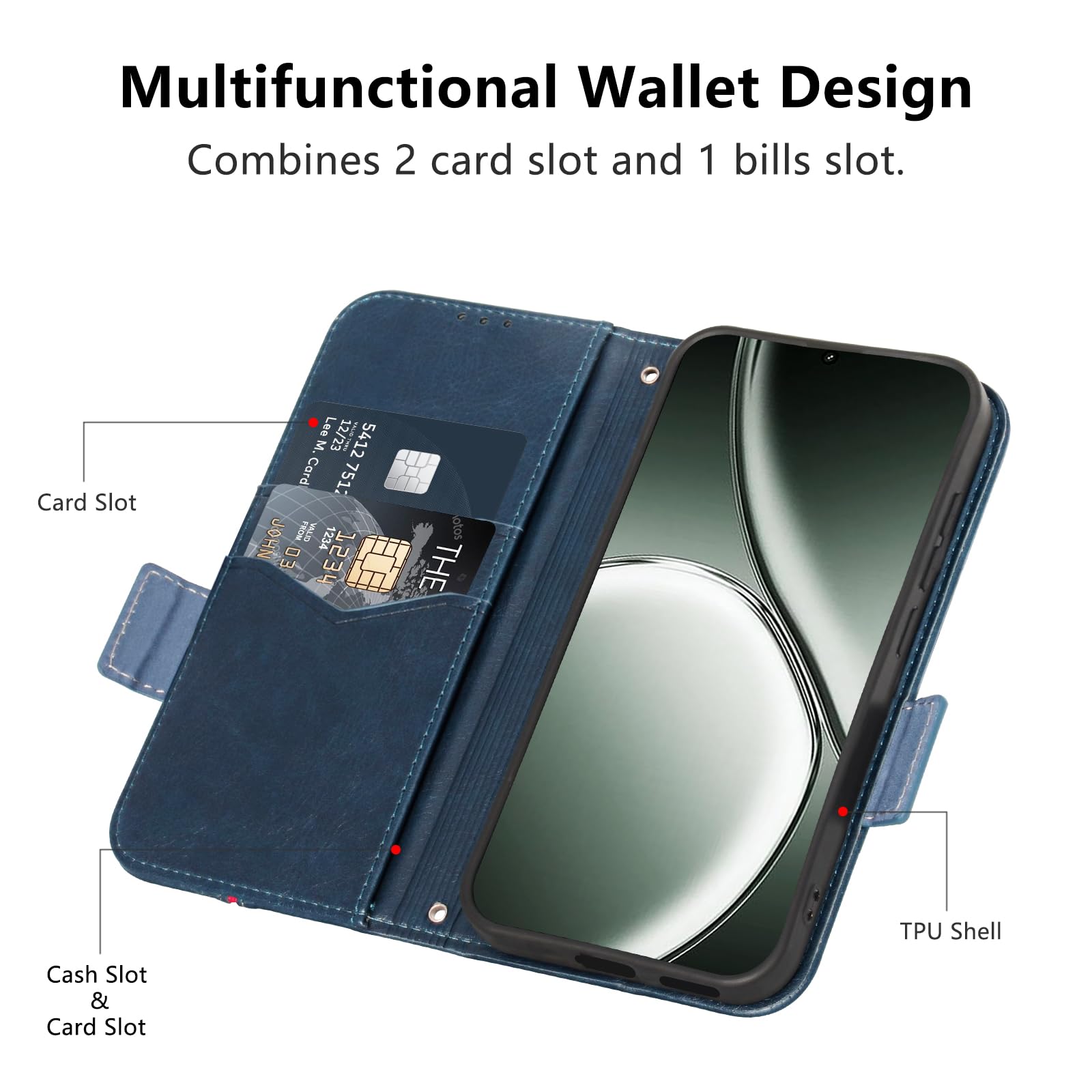 Cover Per Realme GT 6/Realme GT 6T, Custodia Flip Pelle Portafoglio, Magnetica Libro Slot Schede Per Realme GT 6 Cover, Silicone TPU Bumper Wallet con Supporto Antiurto Case Per Realme GT 6T Blu