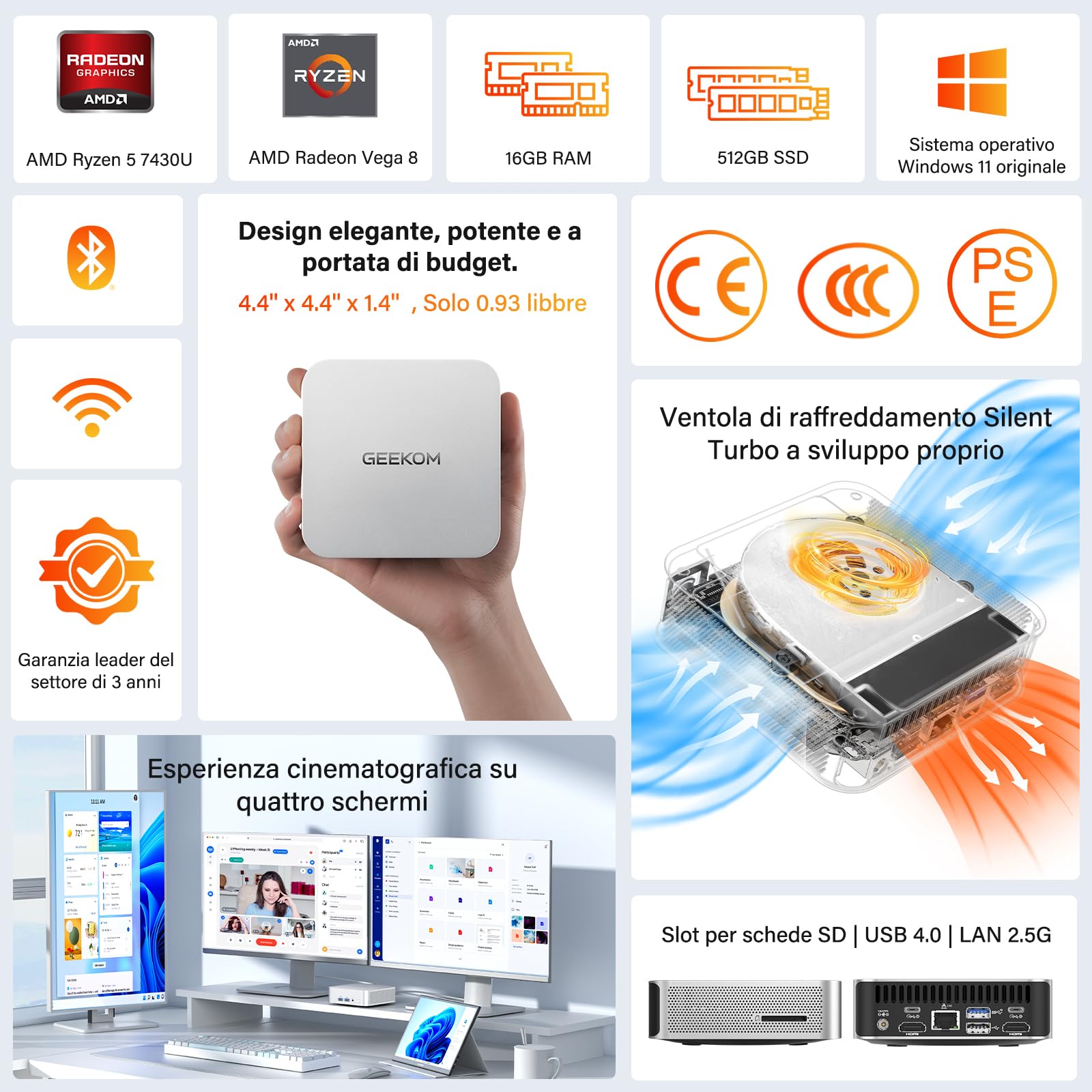 GEEKOM A5 Pro Mini PC per Smart Working con AMD Ryzen 5 7430U,16GB RAM(RAM Aggiornabile Non Saldata) e 512GB SSD,Mini PC Windows 11| LAN 2.5G| Doppio HDMI| 8K| Prestazioni Veloce e Design Elegante