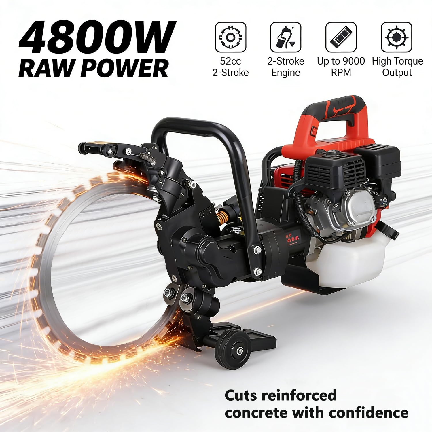 Sierra de Anillo para Hormigón a Gasolina 2026, Sierra para Hormigón con Bomba de Agua, Motor 52cc 4800W, Disco Diamante 410mm, Corte 305mm, cortadora sin Polvo para Uso en seco o húmedo