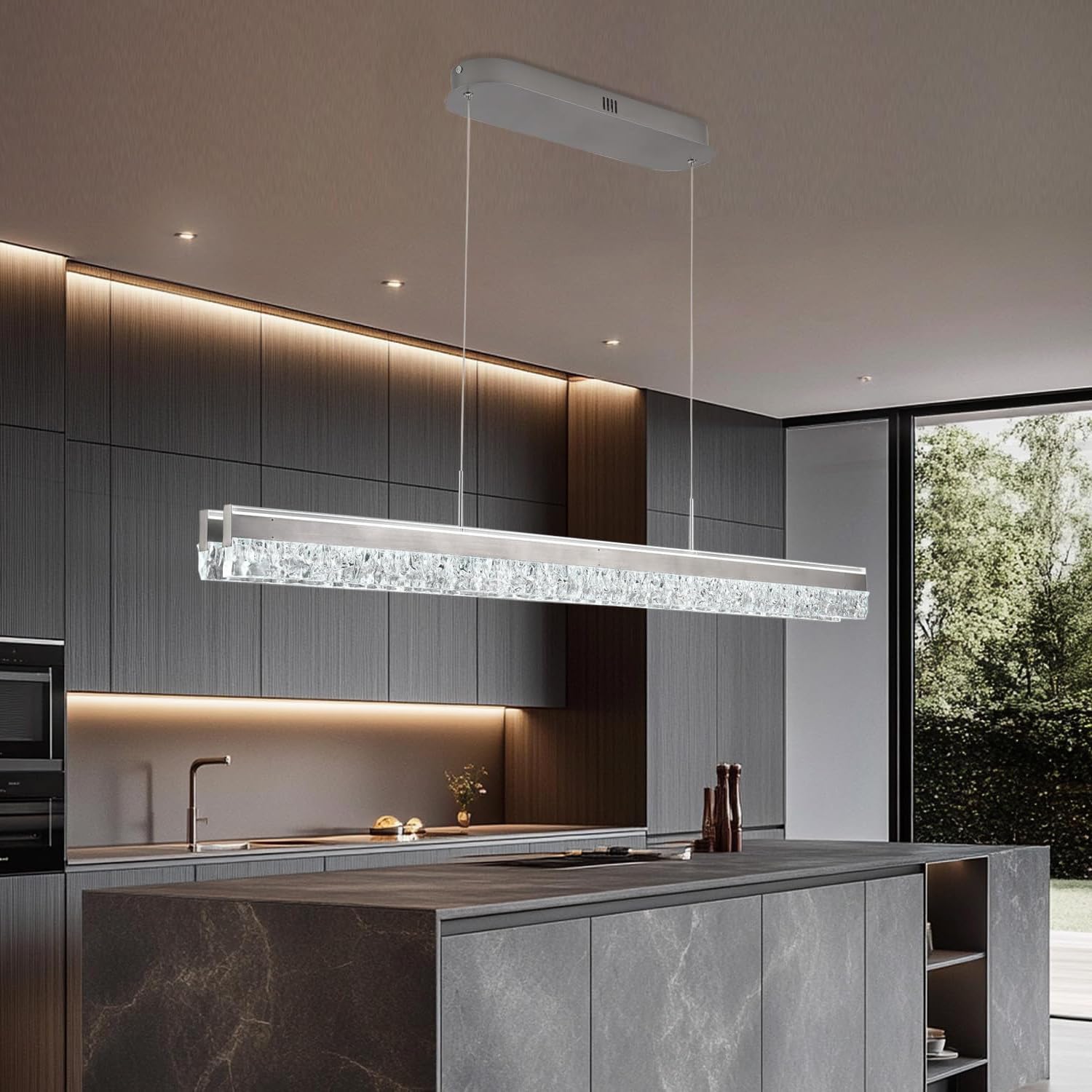 Dimmable Kitchen Island Lighting Modern LED Linear Chandelier Lighting Fixture 39in Crystal Modern Led Pendant Light Fixtures Over Table for Dining Room Kitchen Living Room