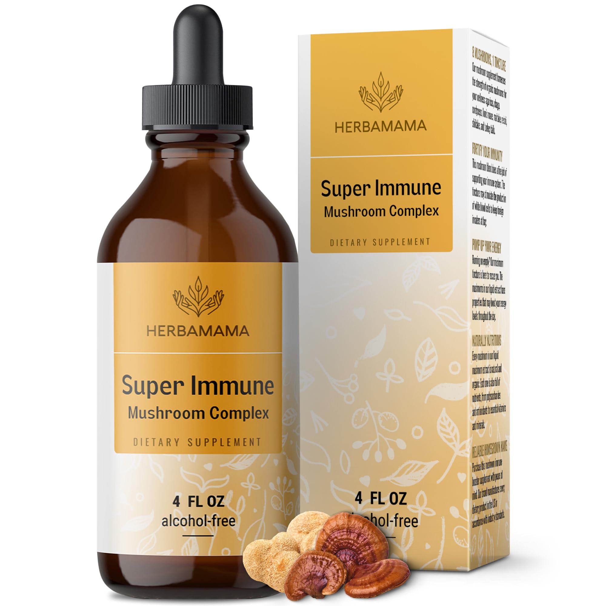 HERBAMAMA Super Immune Mushroom Tincture - Vegan 8-Mushroom Extract Liquid Drops - Non-GMO, Alcohol & Sugar-Free Immune Support Complex Supplement, 56-Day Supply